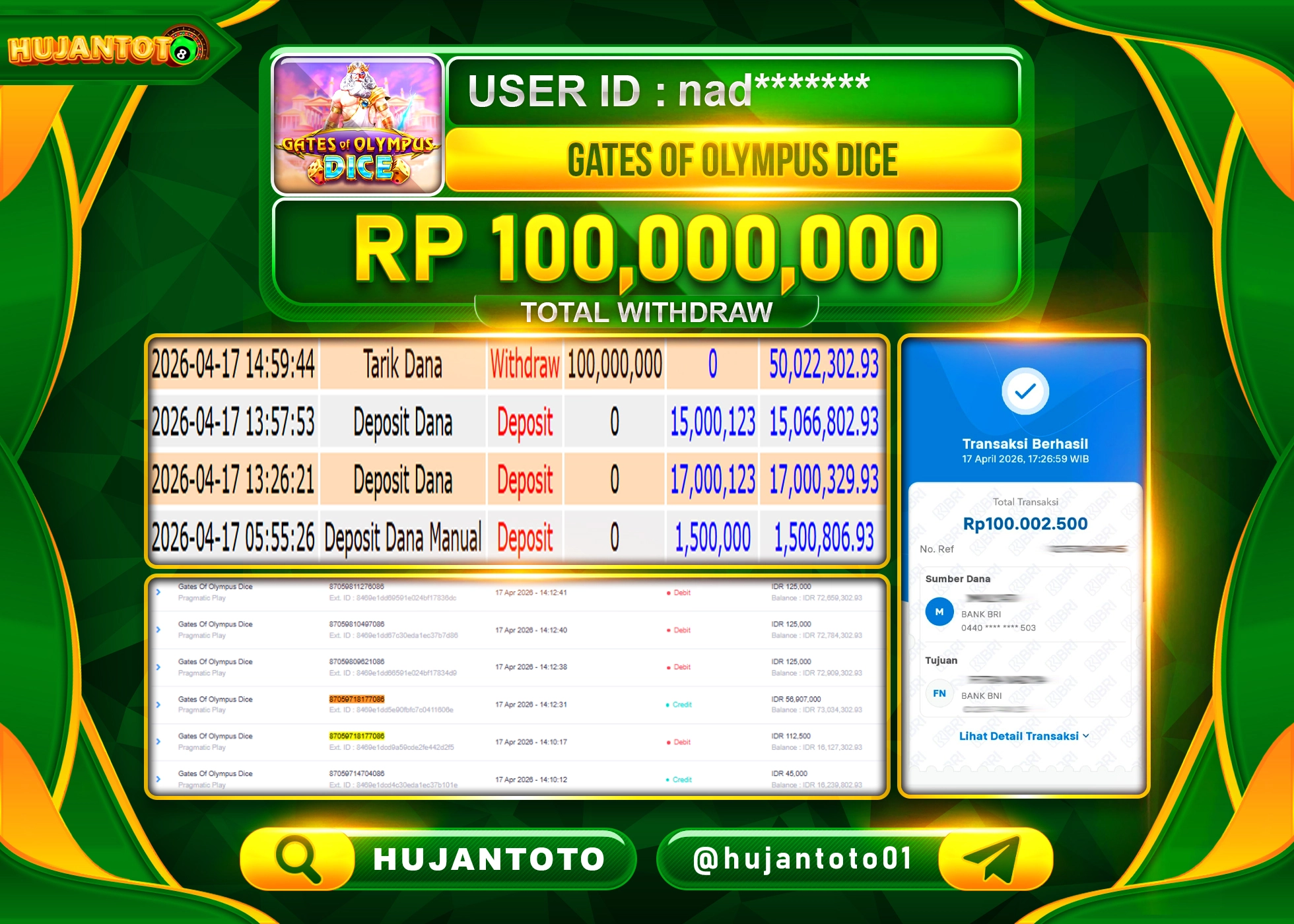 HUJANTOTO - BUKTI JACKPOT MENANG SLOT GATES OF OLYMPUS DICE Rp.100,000,000 - TERBAYAR LUNAS