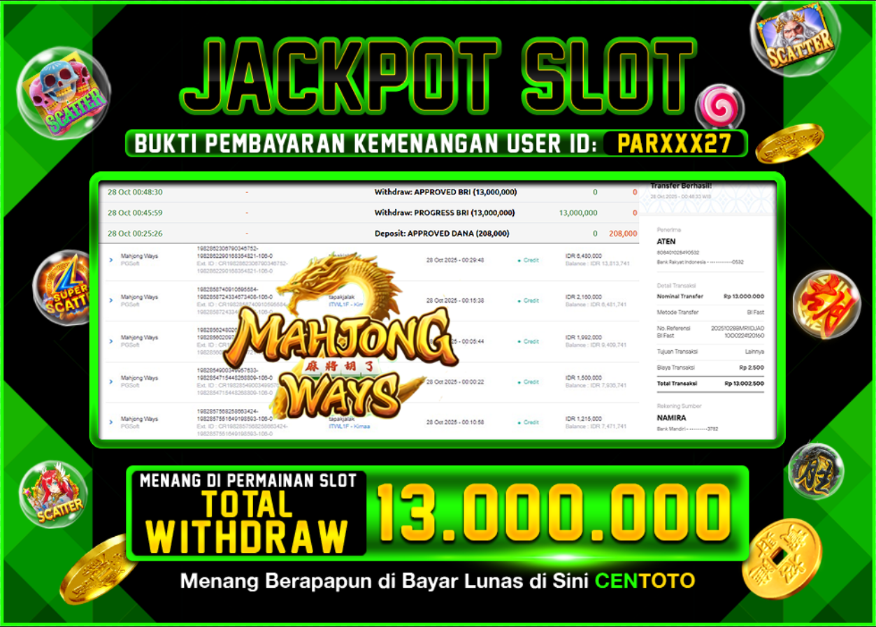 BUKTI JACKPOT SLOT CENTOTO RP.13.000.000,-LUNAS
