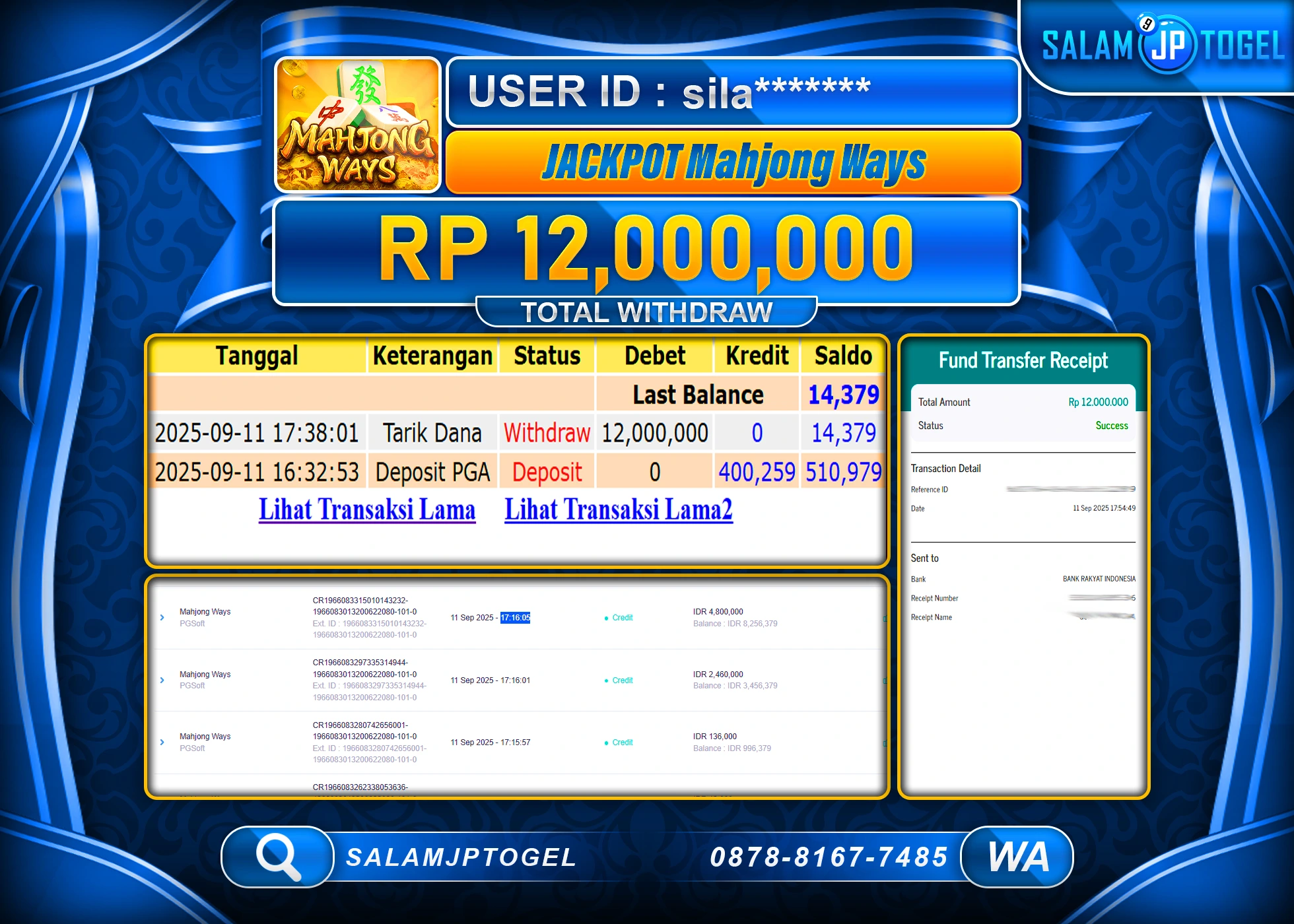 SALAMJPTOGEL MENANG MAHJONG WAYS PGSOFT  Rp. 12,000,000