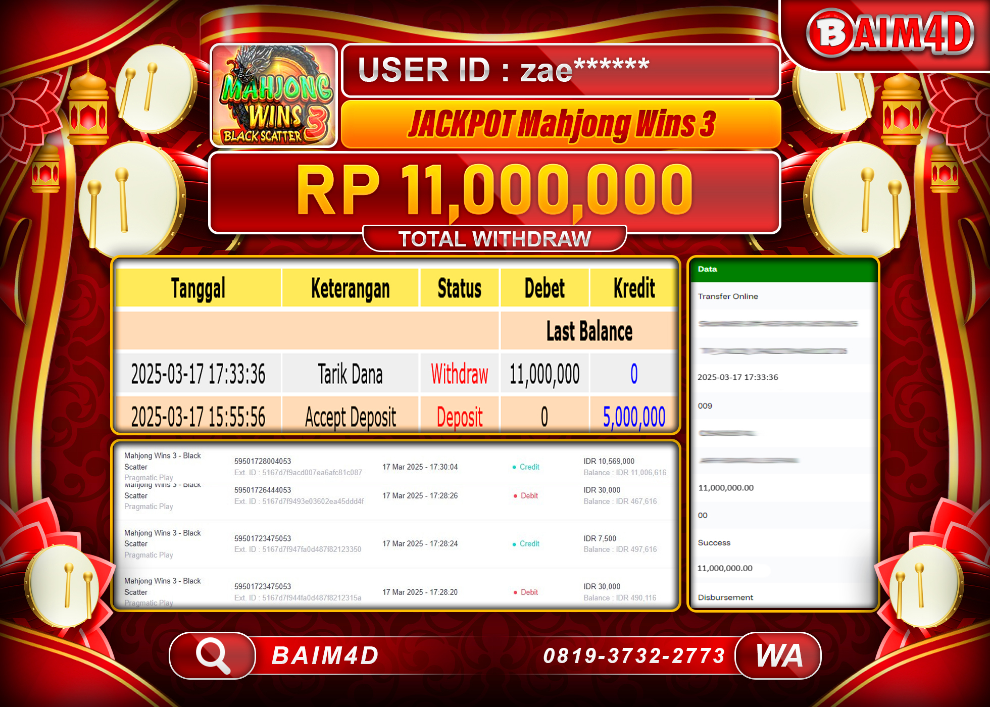 BAIM4D JACKPOT  MENANG  MAHJONG WINS3  Rp.11.000,000.- LUNAS
