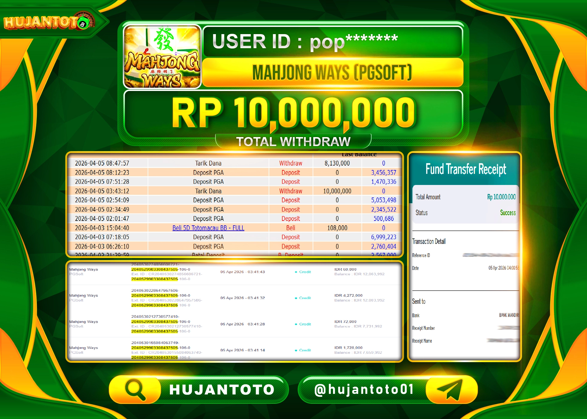 HUJANTOTO - BUKTI JACKPOT MENANG SLOT MAHJONG WAYS PG SOFT Rp.10,000,000 - TERBAYAR LUNAS