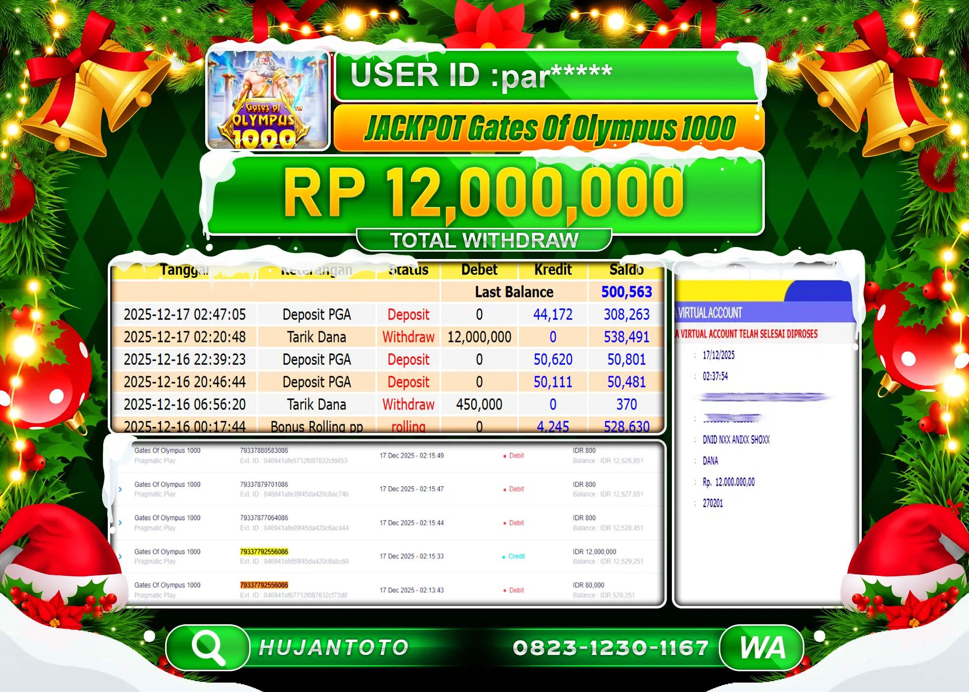 HUJANTOTO - BUKTI JACKPOT MENANG SLOT GATES OF OLYMPUS 1000 Rp.12,000,000 - TERBAYAR LUNAS