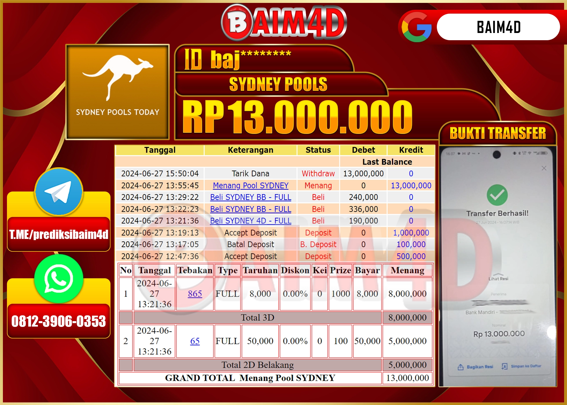 BAIM4D JACKPOT SYDNEY POOLS Rp.13,000,000.- LUNAS