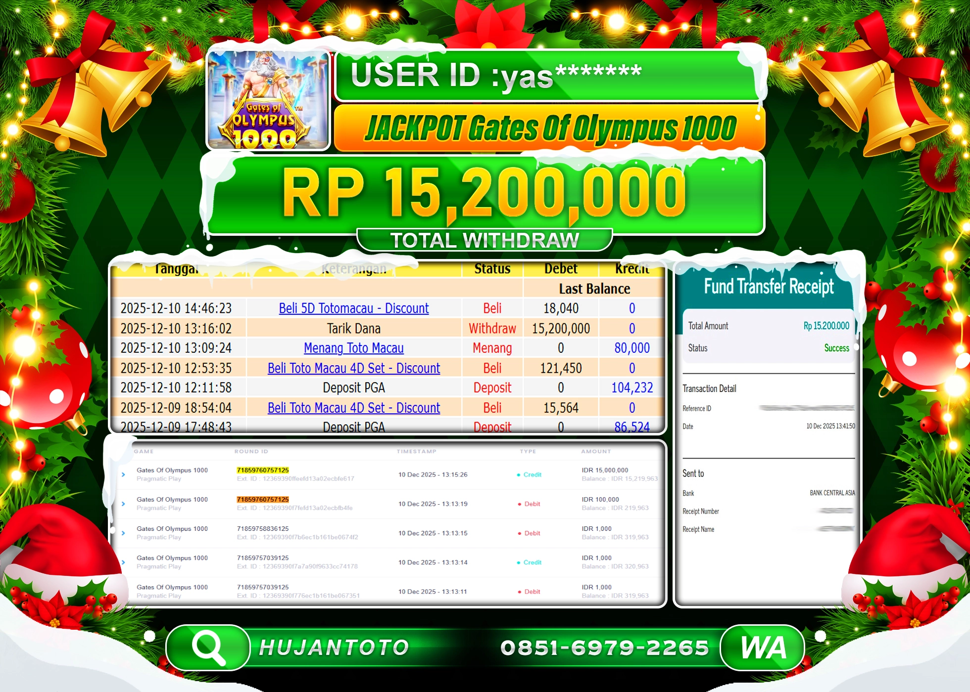 HUJANTOTO - BUKTI JACKPOT MENANG SLOT GATES OF OLYMPUS 1000 Rp.15,200,000 - TERBAYAR LUNAS