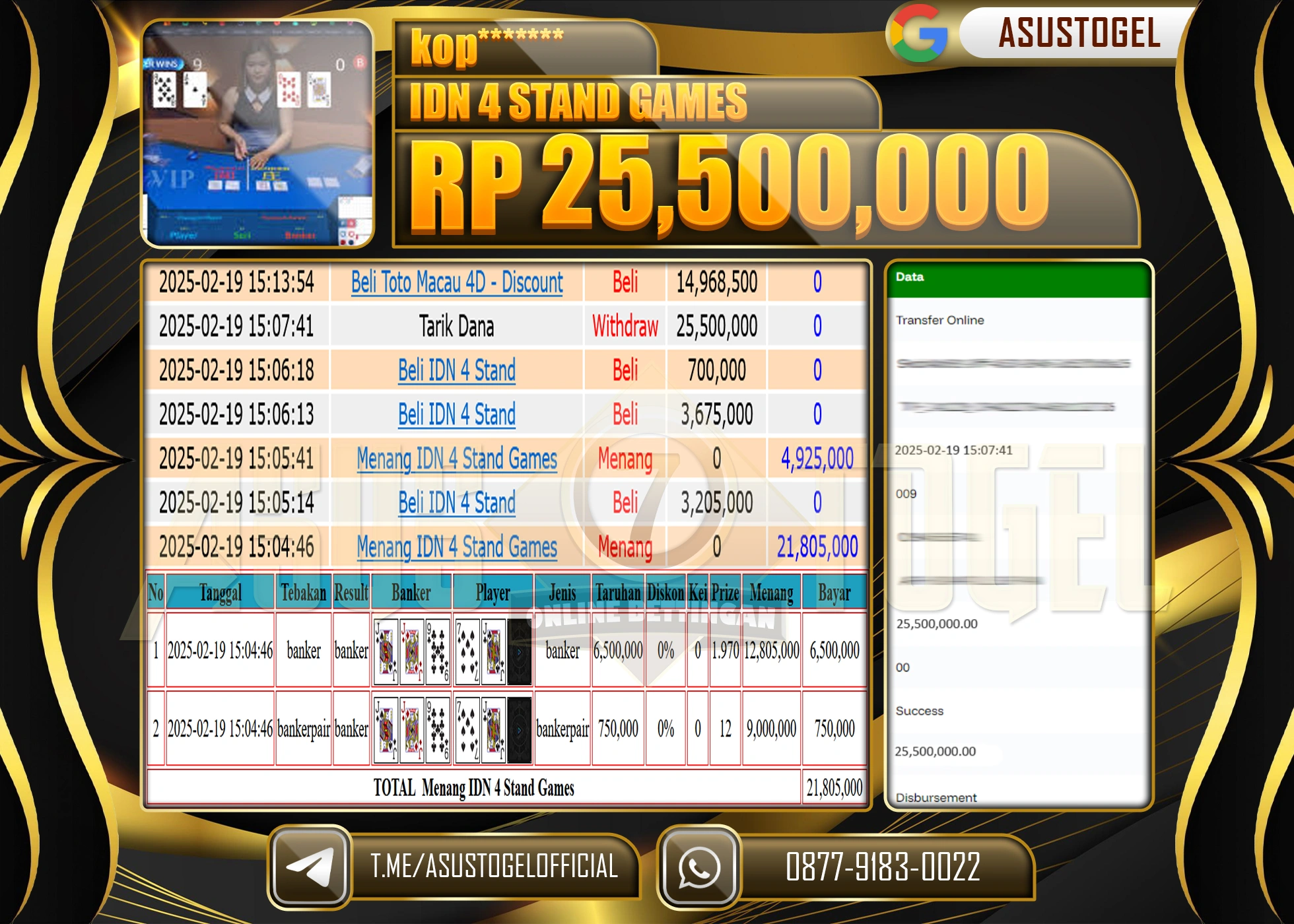 ASUSTOGEL KEMENANGAN DI IDN 4 STAND GAMES SEBESAR 25,500,000 - RUPIAH LUNAS