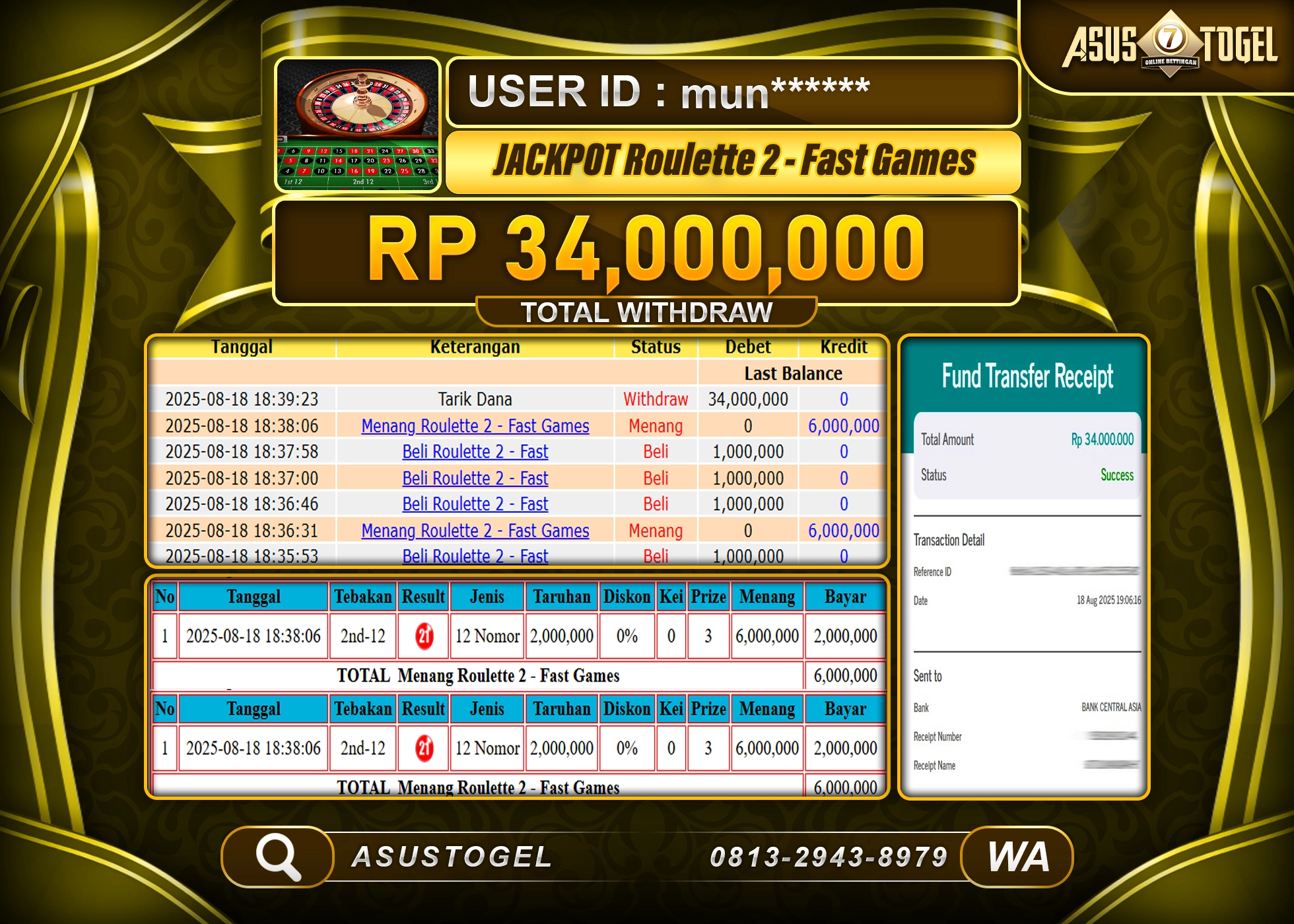 ASUSTOGEL KEMENANGAN DI LIVE ROULETTE 2-FAST GAMES SEBESAR 34,000,000- RUPIAH LUNAS