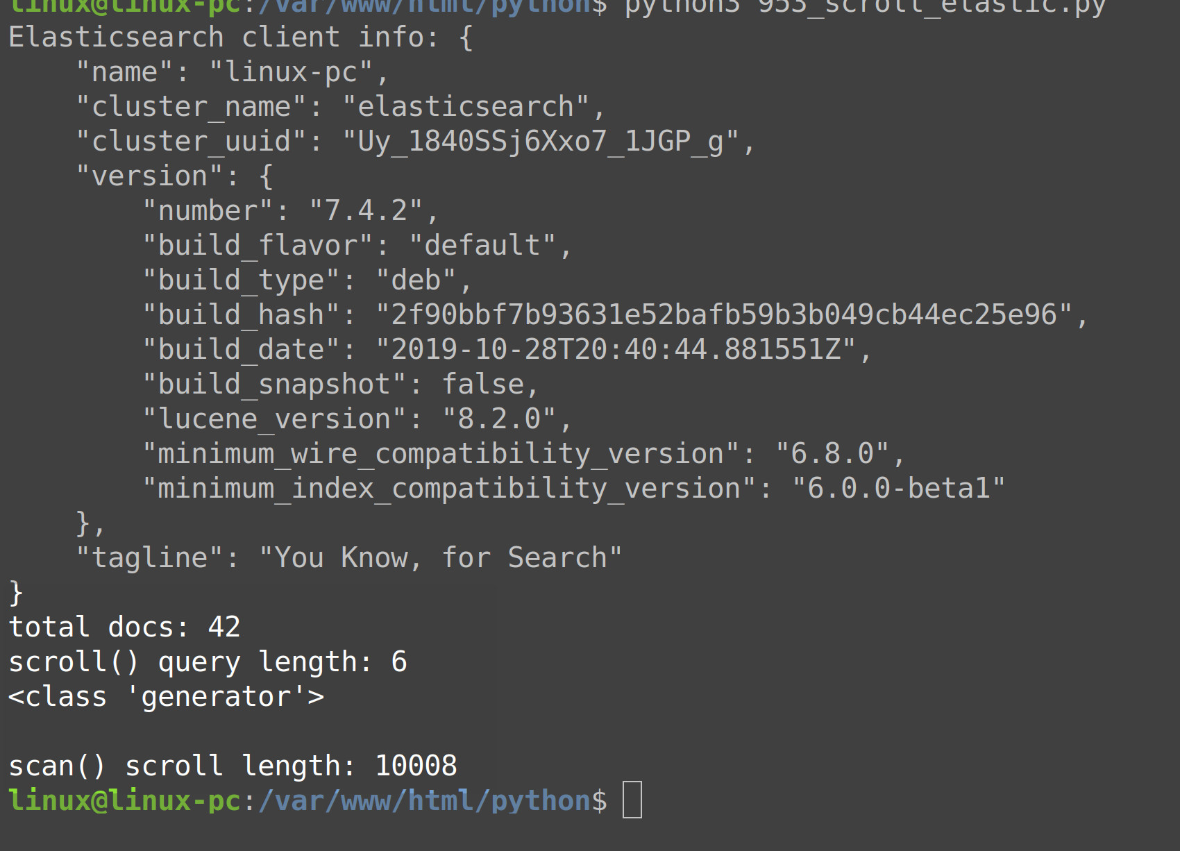 Screenshot of Elasticsearch Scroll API in a Python script returning document data