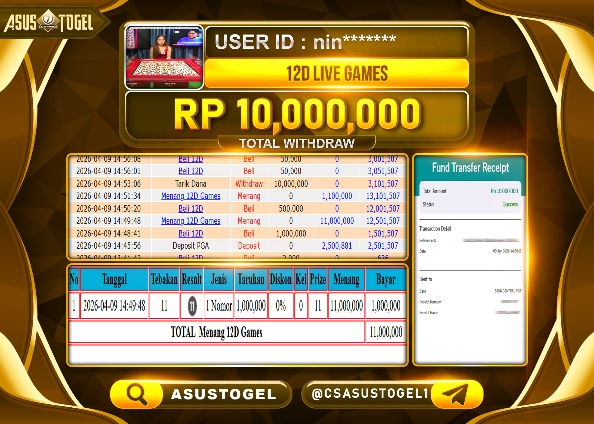 ASUSTOGEL KEMENANGAN JACKPOT DI PERMAINAN CASINO 12 D LIVE GAMES SEBESAR Rp.10,000,000 - RUPIAH LUNAS