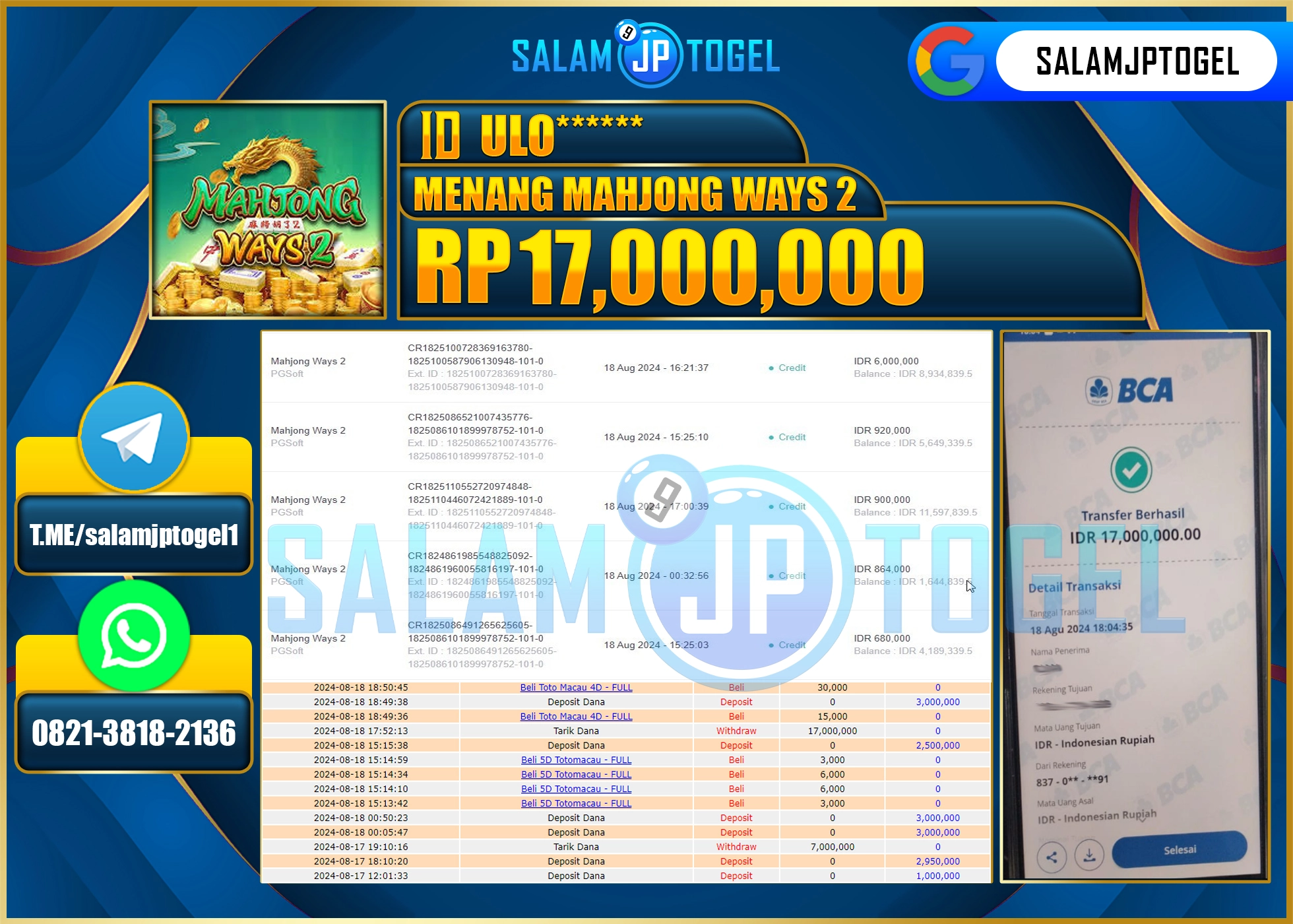 SALAMJPTOGEL MENANG Mahjong Wins 2 RP. 17,000,000.,LUNAS