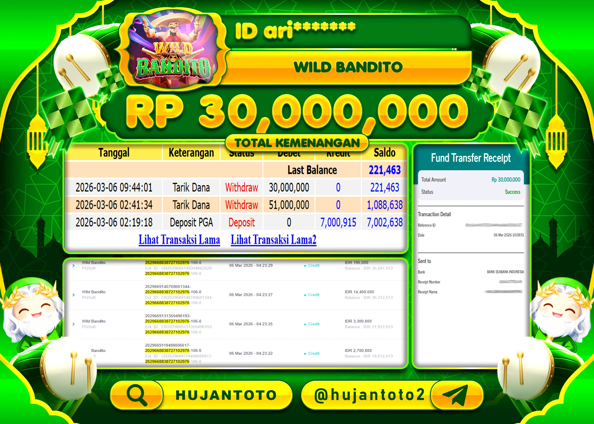 HUJANTOTO - BUKTI JACKPOT MENANG SLOT WILD BANDITO Rp.30,000,000 - TERBAYAR LUNAS