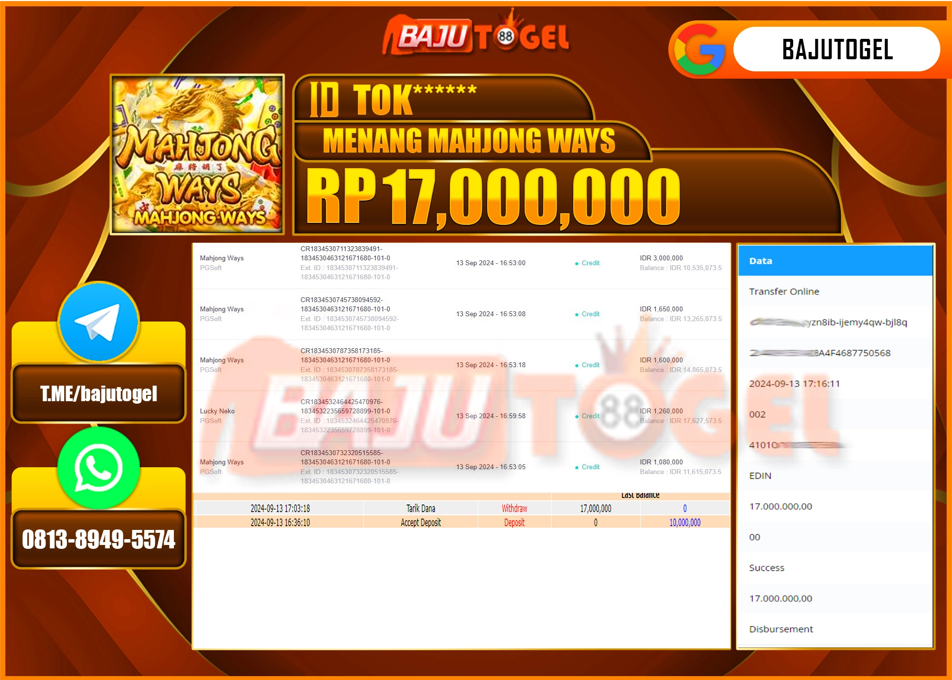 BAJUTOGEL JACKPOT MAHJONG WAYS Rp.17.000.000 LUNAS