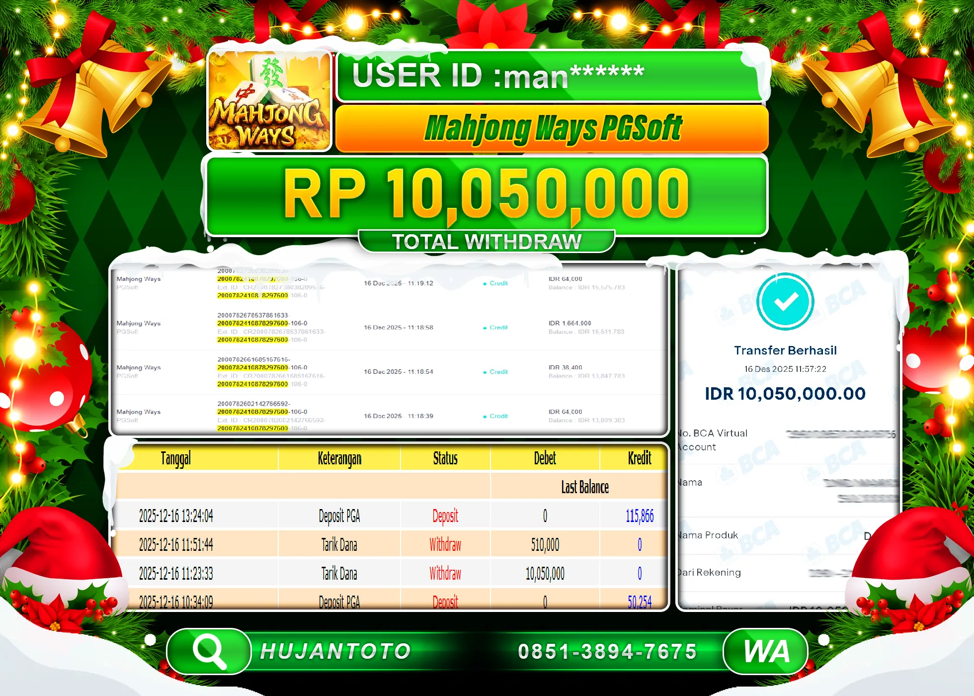 HUJANTOTO - BUKTI JACKPOT MENANG SLOT MAHJONG WAYS Rp.10,050,000 - TERBAYAR LUNAS