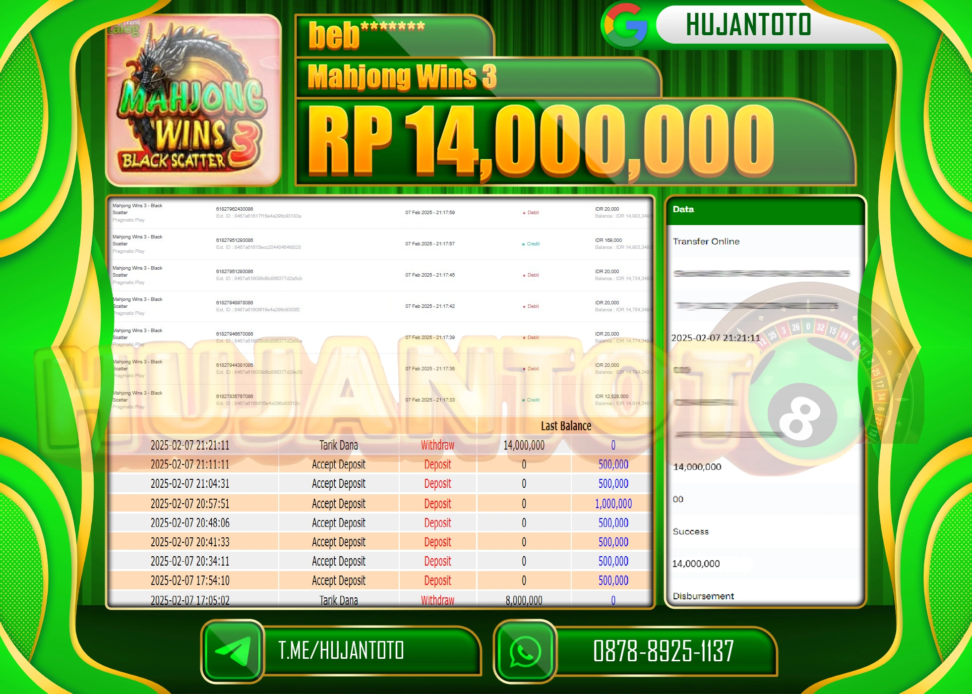 HUJANTOTO - BUKTI JACKPOT MENANG SLOT MAHJONG WINS 3 Rp,14,000,000 - TERBAYAR LUNAS