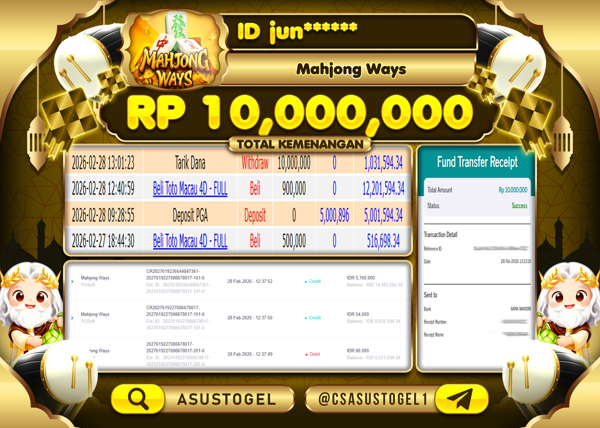 ASUSTOGEL KEMENANGAN DI SLOT MAHJONG WAYS SEBESAR 10,000,000 - RUPIAH LUNAS