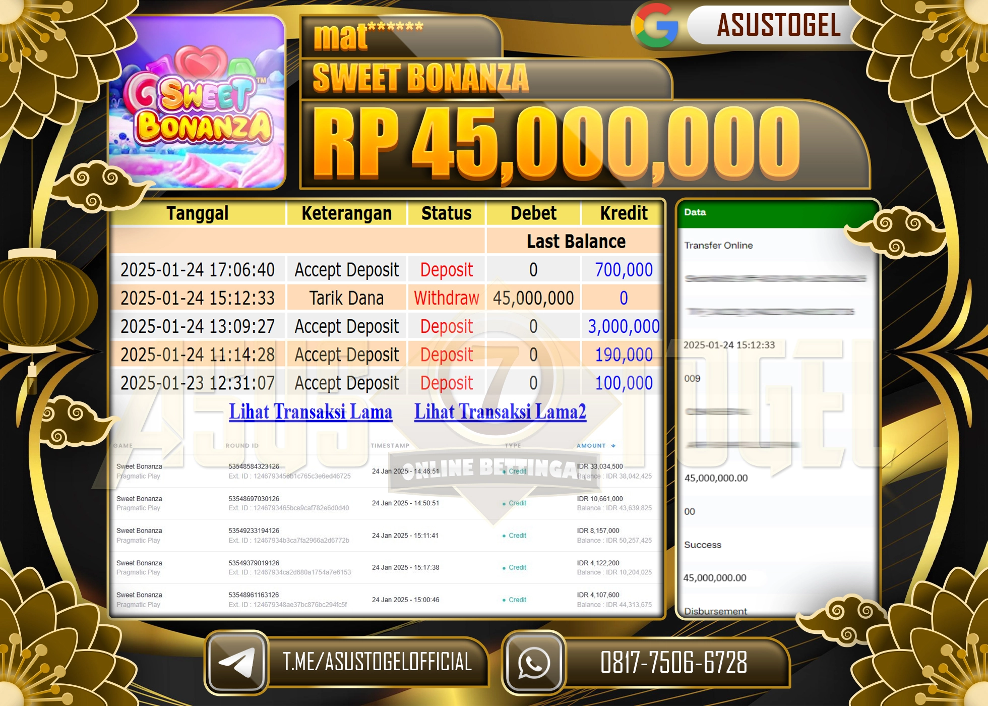 ASUSTOGEL KEMENANGAN DI SWEET BONANZA SEBESAR 45.000.000 - RUPIAH LUNAS