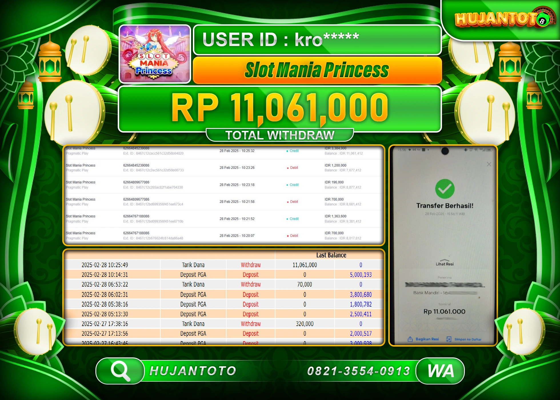 HUJANTOTO - BUKTI JACKPOT MENANG SLOT,   SLOT MANIA PRINCESS SEBESAR, Rp,  11,061,000  -  TERBAYAR LUNAS