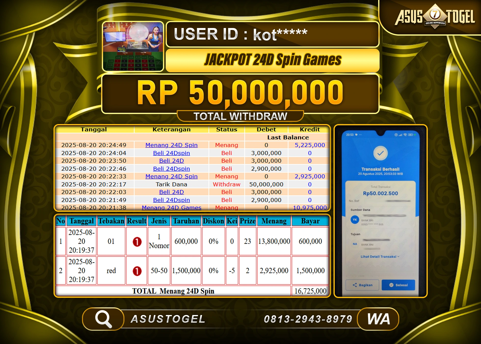 ASUSTOGEL KEMENANGAN DI LIVE GAMES 24D SPIN SEBESAR 50,000,000- RUPIAH LUNAS