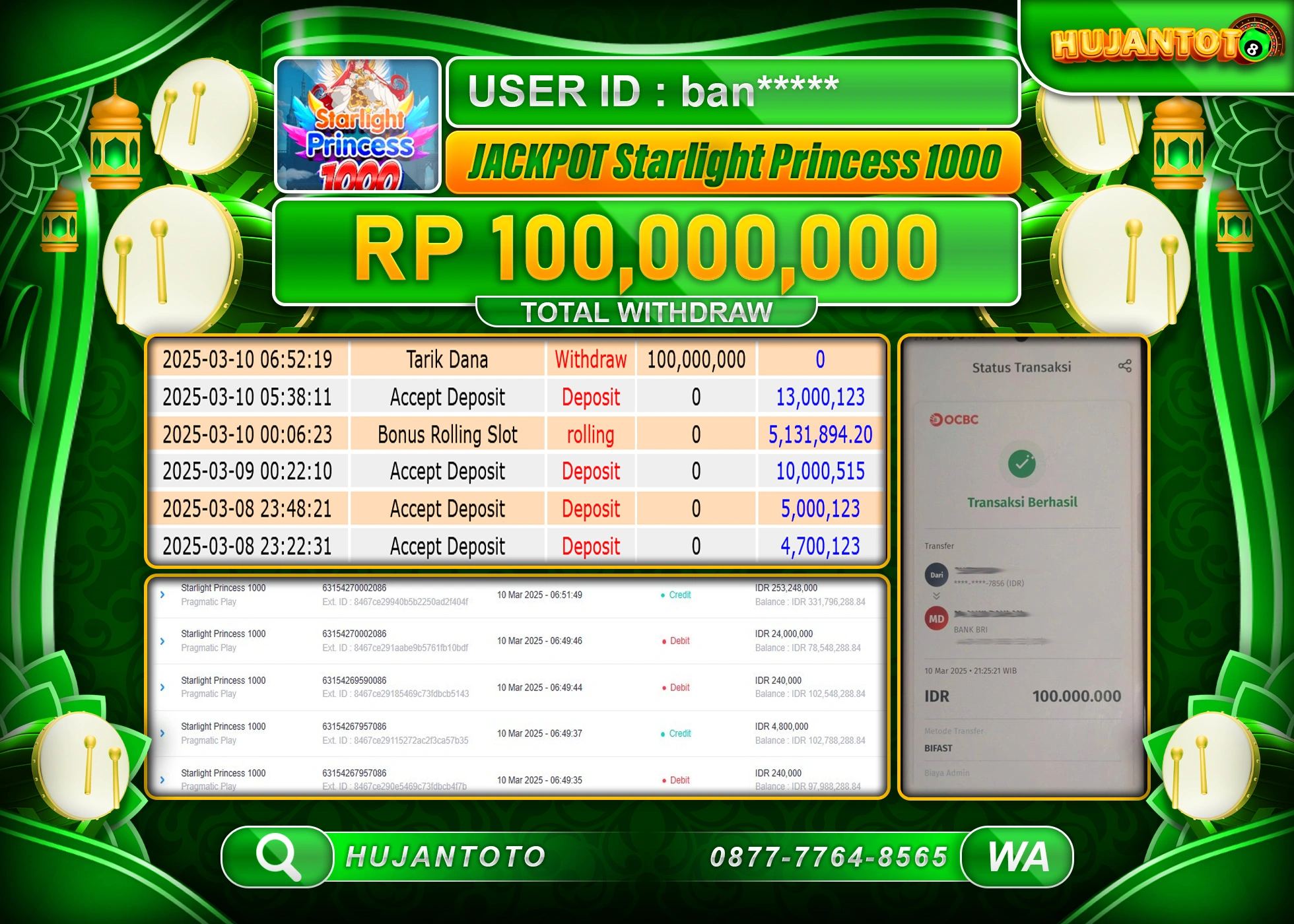 HUJANTOTO - BUKTI JACKPOT MENANG SLOT STARLIGHT PRINCESS 1000 Rp,100,000,000 - TERBAYAR LUNAS