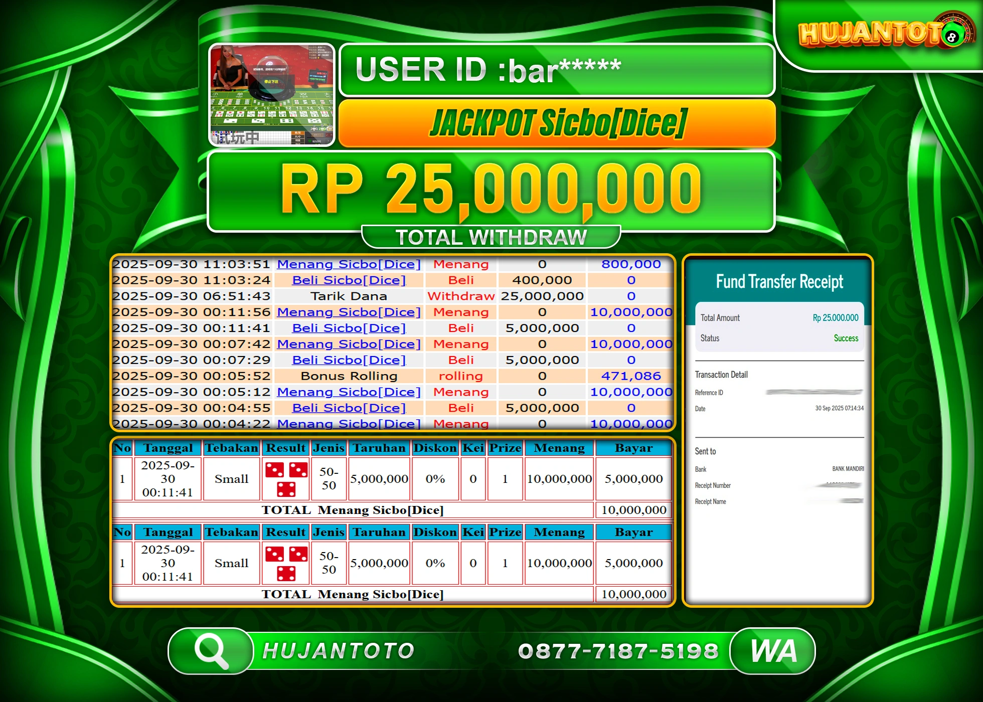 HUJANTOTO - BUKTI JACKPOT MENANG LIVEGAME SICBO GAMES Rp.25,000,000 - TERBAYAR LUNAS