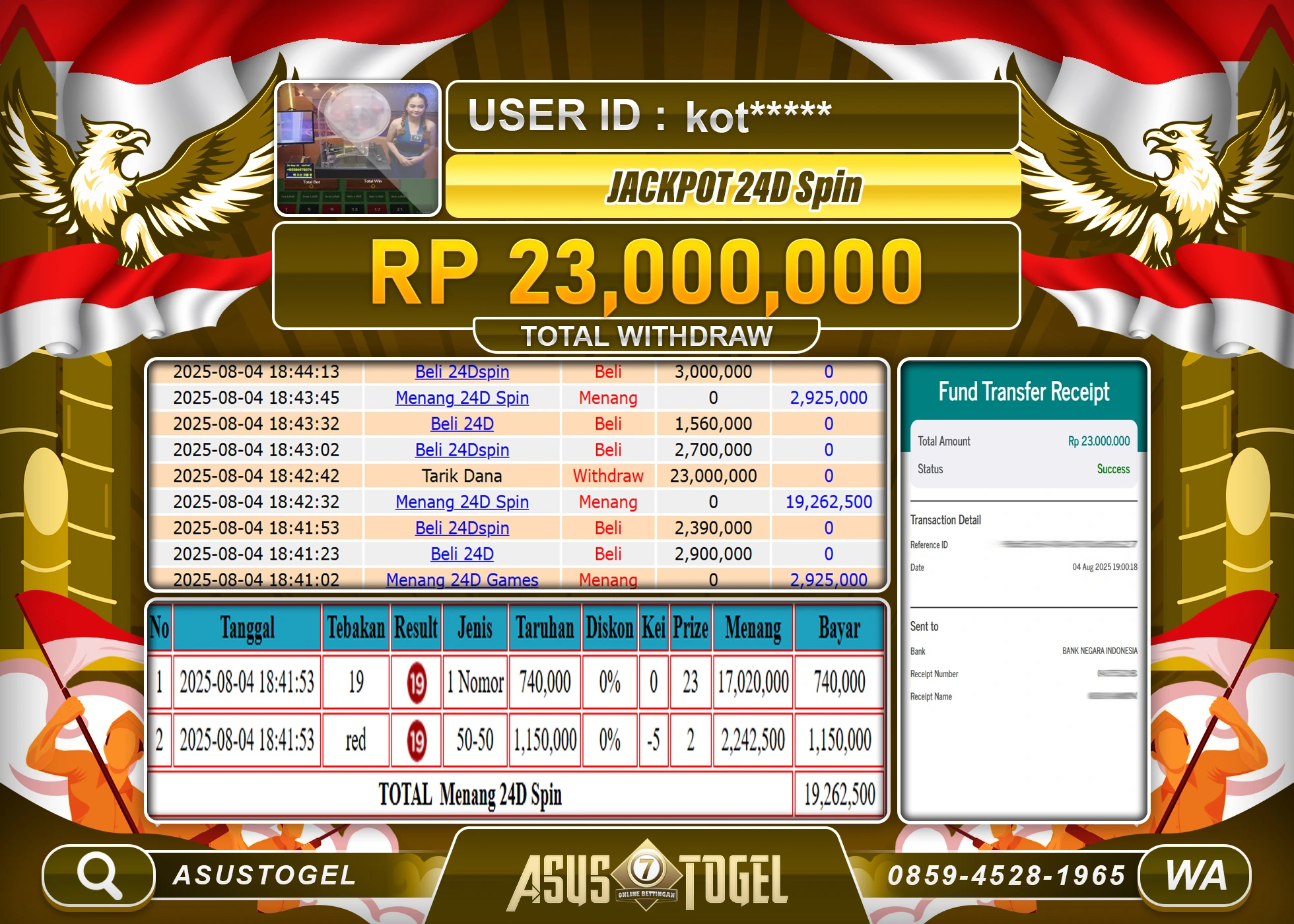 ASUSTOGEL KEMENANGAN DI LIVEGAME 24D SPIN SEBESAR 23,000,000- RUPIAH LUNAS