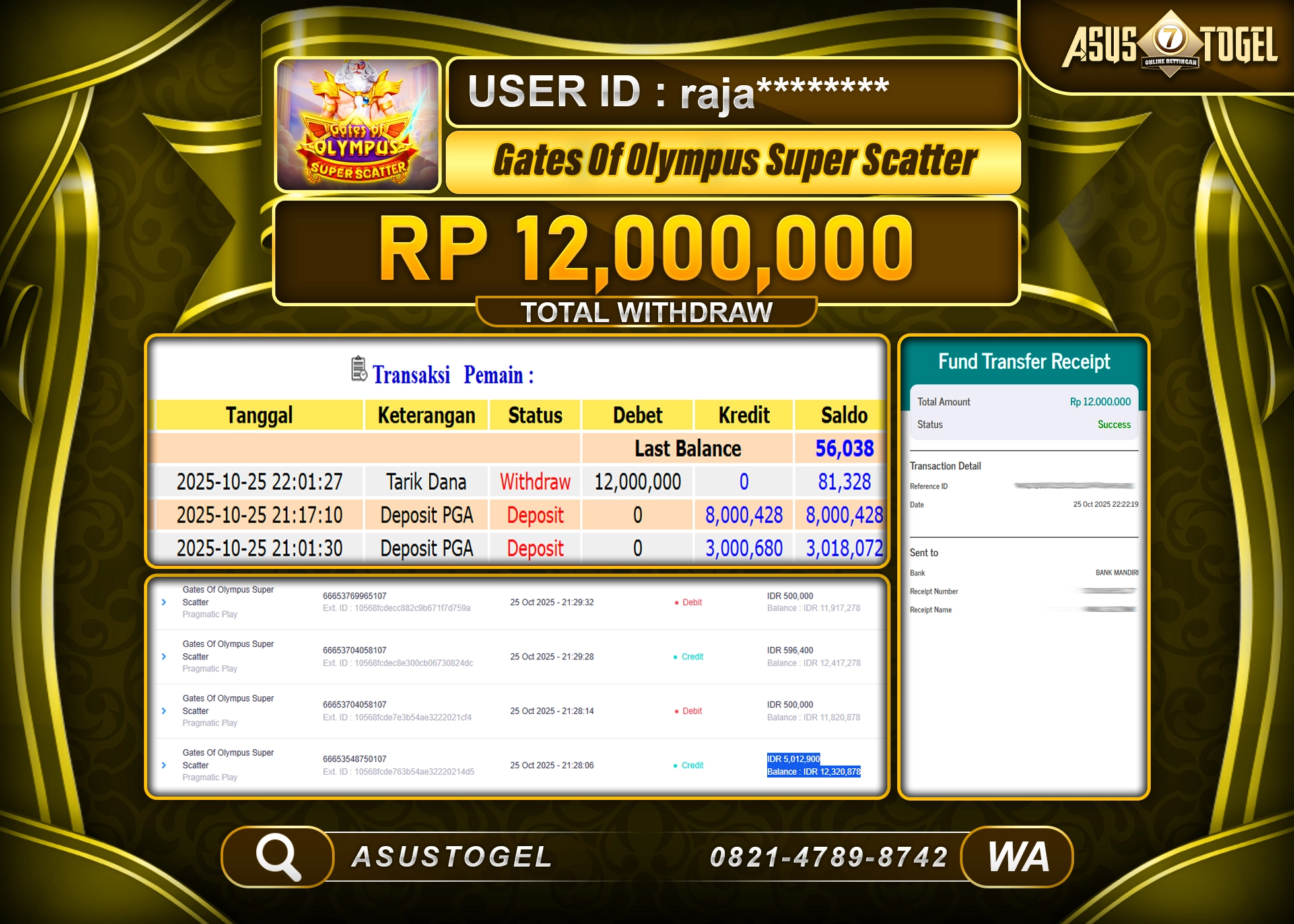 ASUSTOGEL KEMENANGAN DI SLOT GATES OF OLYMPUS SUPER SCATTER SEBESAR 12,000,000- RUPIAH LUNAS