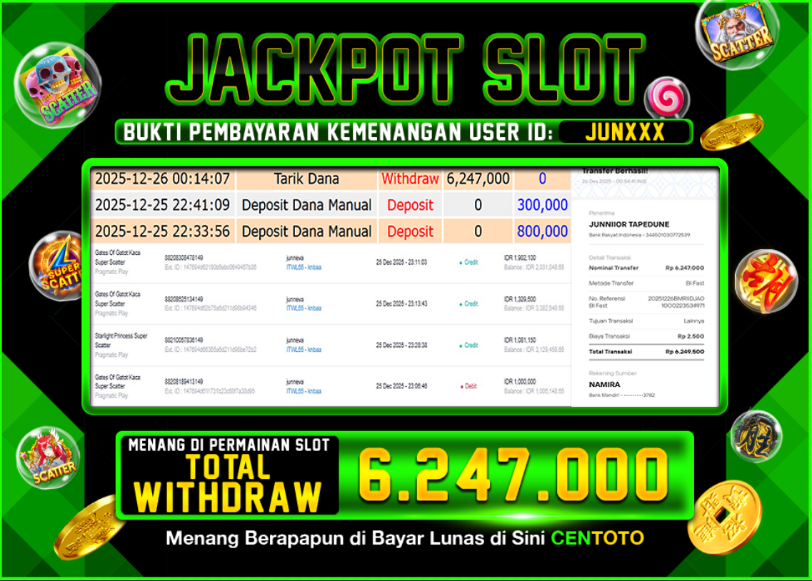 BUKTI JACKPOT SLOT CENTOTO  RP.6.247.000,-LUNAS