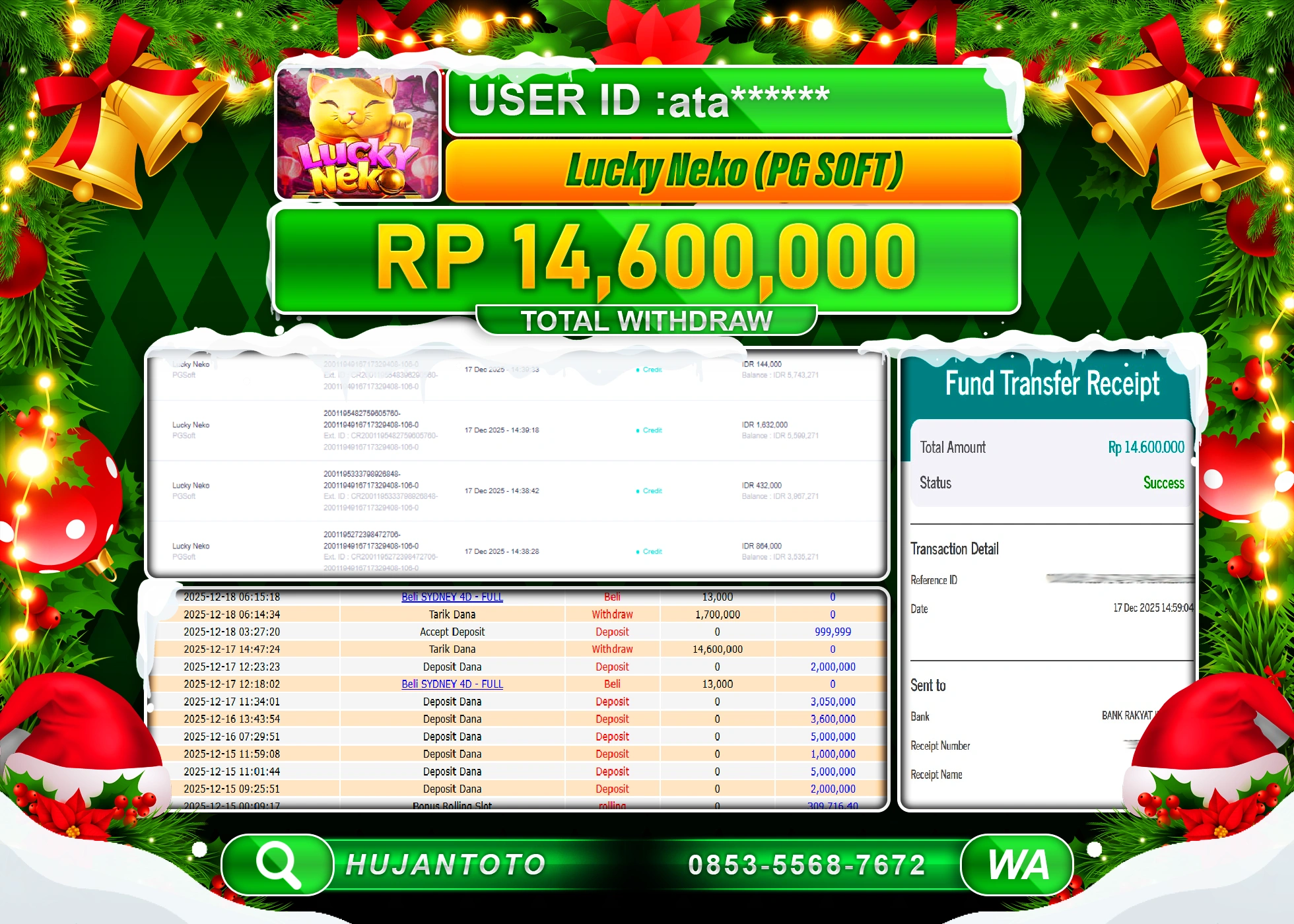 HUJANTOTO - BUKTI JACKPOT MENANG SLOT LUCKY NEKO PGSOFT  Rp.14,600,000 - TERBAYAR LUNAS