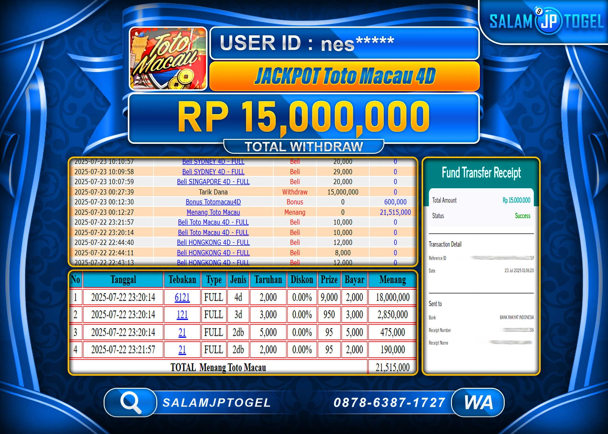 SALAMJPTOGEL MENANG TOTO MACAU 4D  Rp.15,000,000