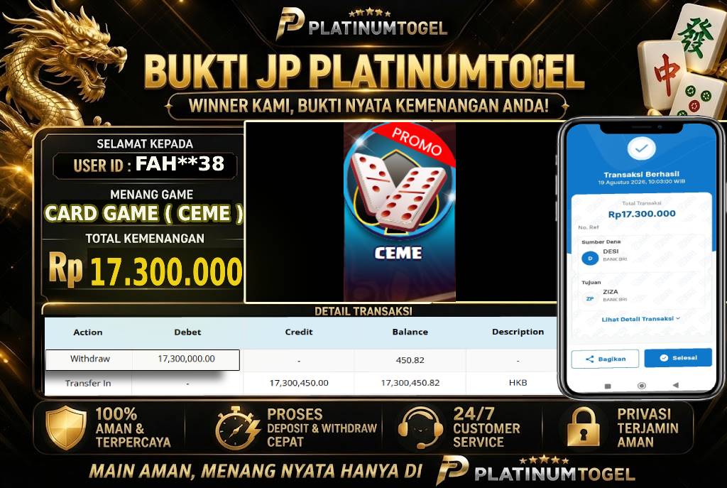 🏆 Bukti Jackpot CEME  Dengan Kemanangan Rp 17.300.000-. Hanya di PLATINUMTOGEL🏆