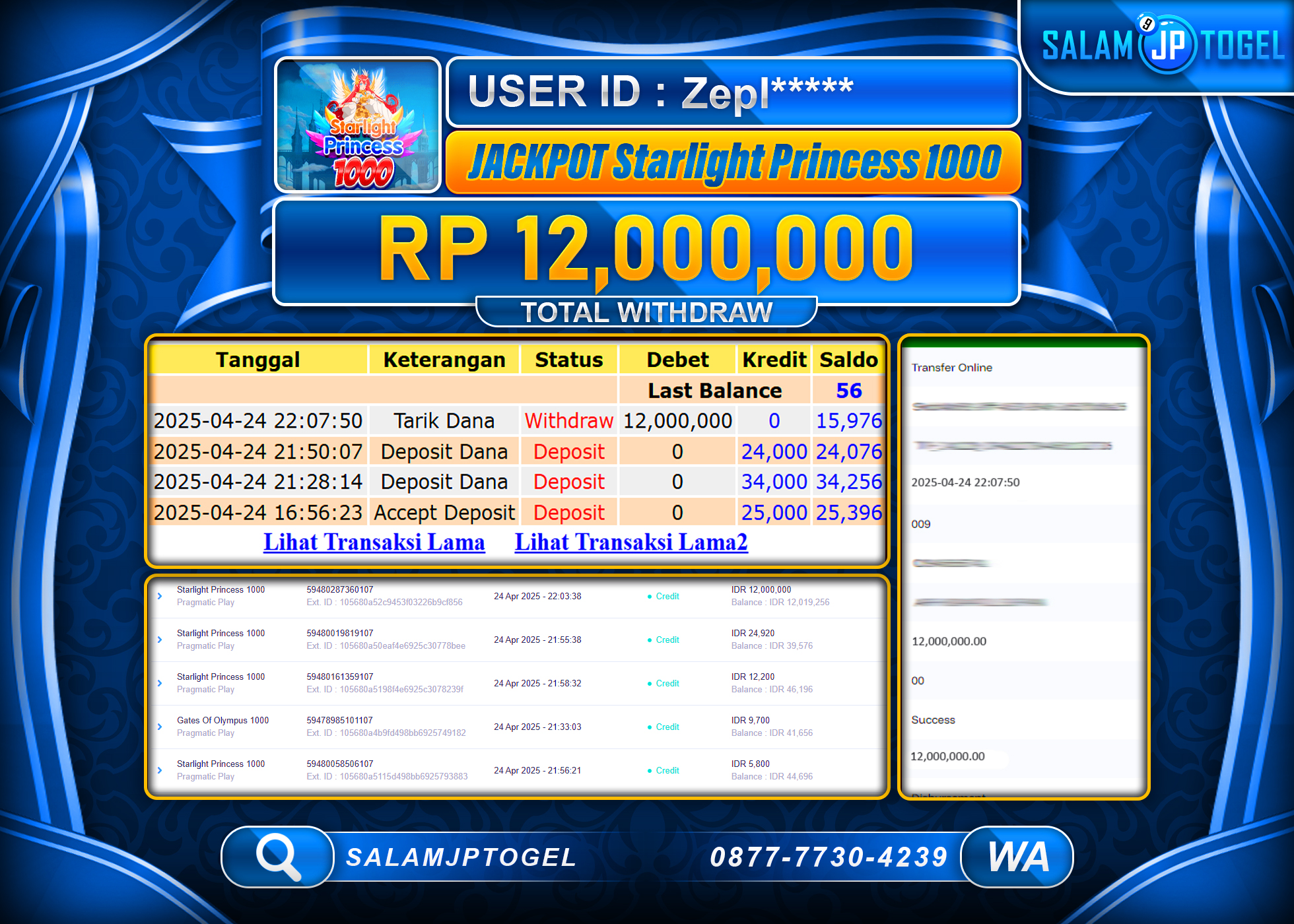SALAMJPTOGEL MENANG STARLIGHT PRINCESS 1000 Rp.12,000,000 LUNAS