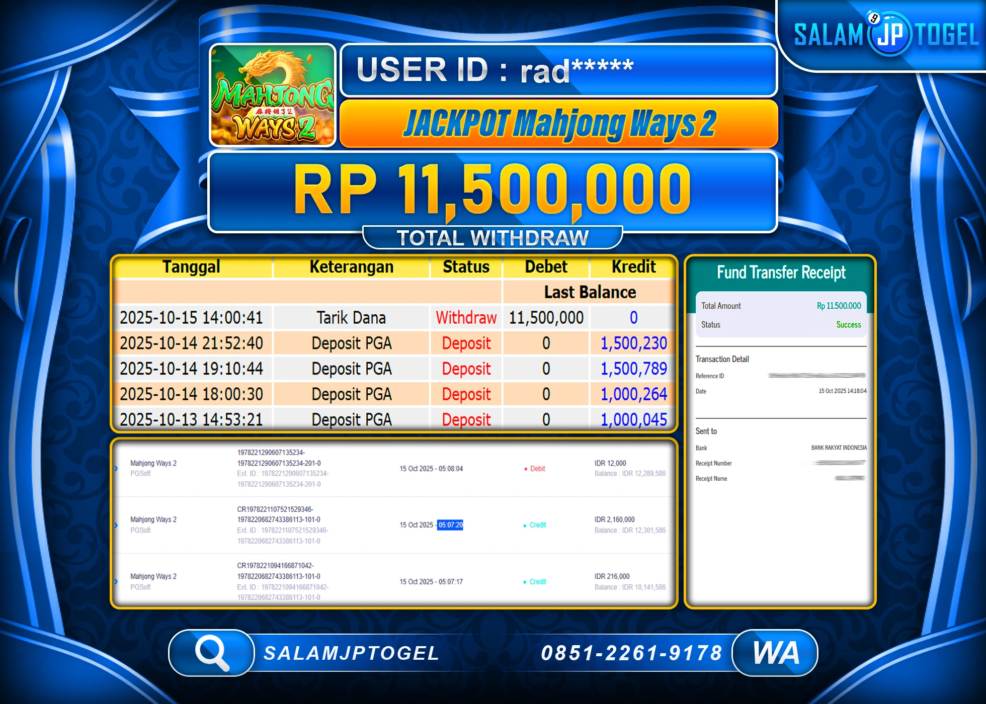 SALAMJPTOGEL MENANG JACKPOT MAHJONG WAYS 2 Rp.11,500,000  - LUNAS