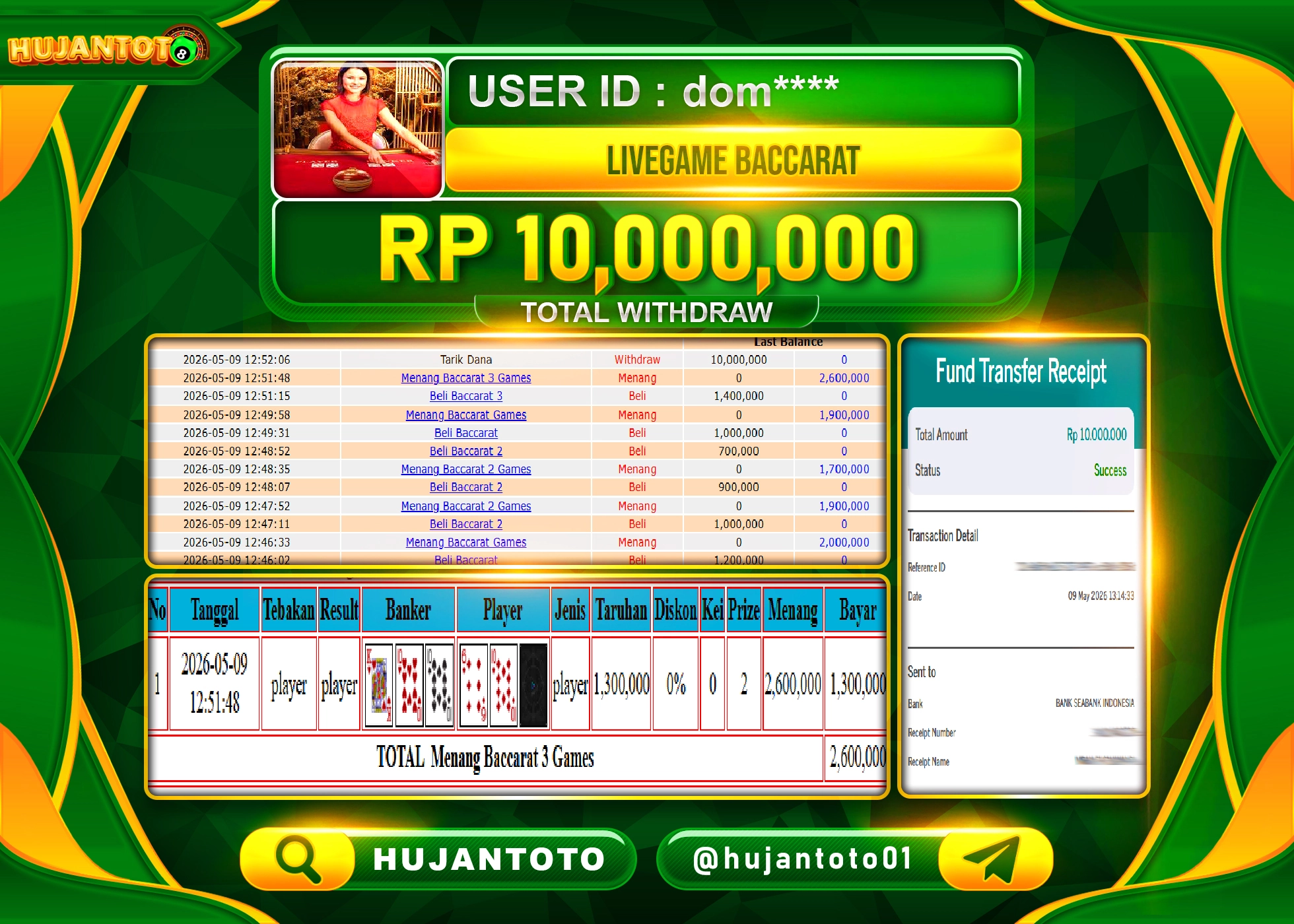 HUJANTOTO - BUKTI JACKPOT MENANG LIVE GAME BACCARAT GAMES Rp.10,000,000 - TERBAYAR LUNAS