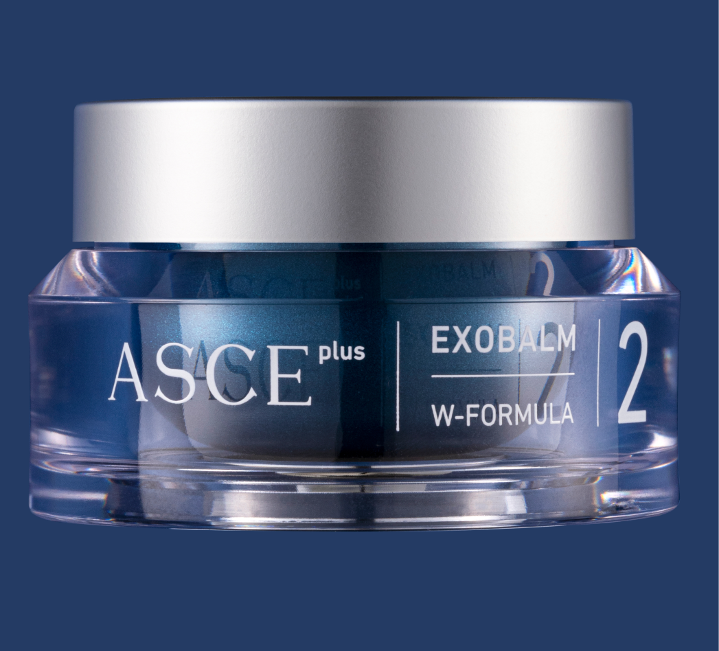 A blue and silver jar of ASCE plus EXOBALM W-FORMULA skincare product.