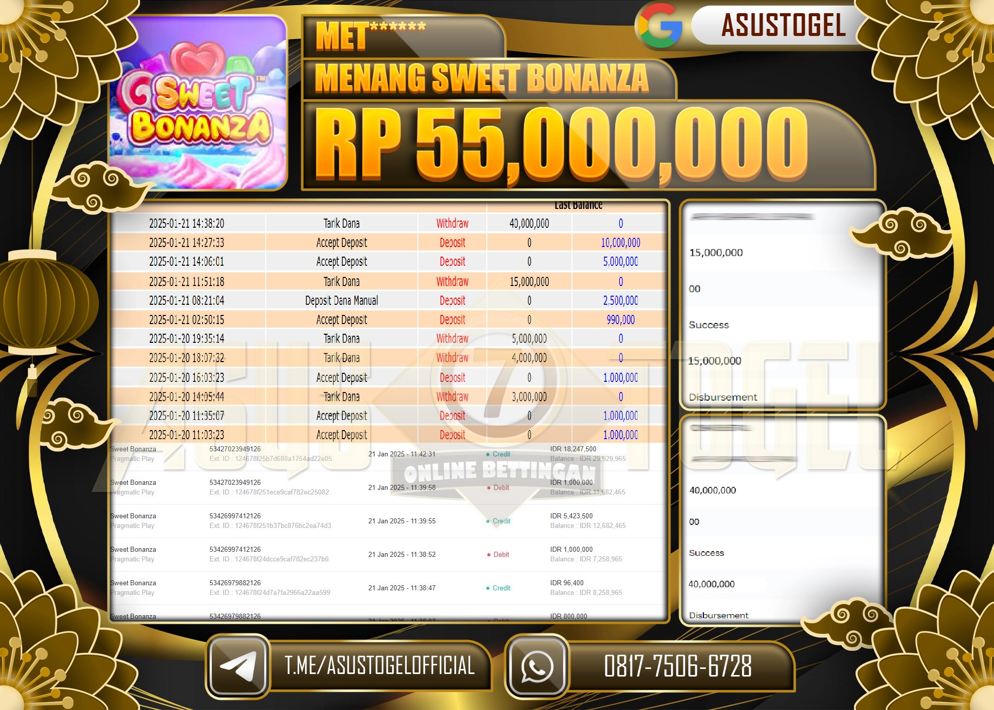 ASUSTOGEL KEMENANGAN DI SWEET BONANZA GAMES SEBESAR 55.000.000 - RUPIAH LUNAS