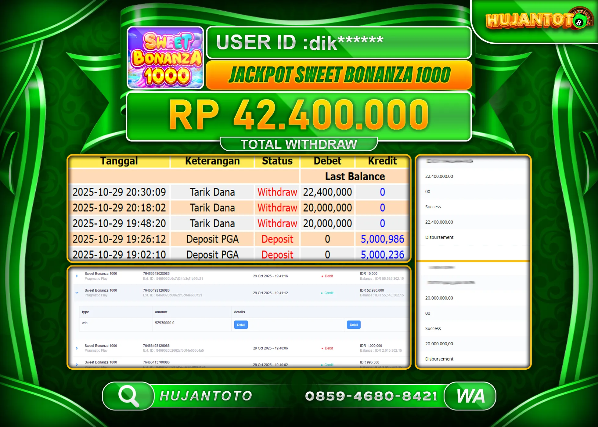 HUJANTOTO - BUKTI JACKPOT MENANG SLOT SWEET BONANZA 1000 Rp.42,400,000 - TERBAYAR LUNAS