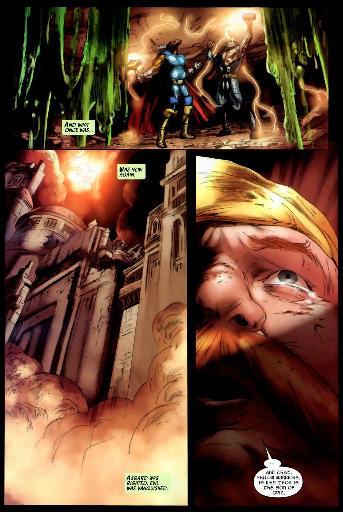 Thor and Beta Ray Bill underneath a restored Asgard