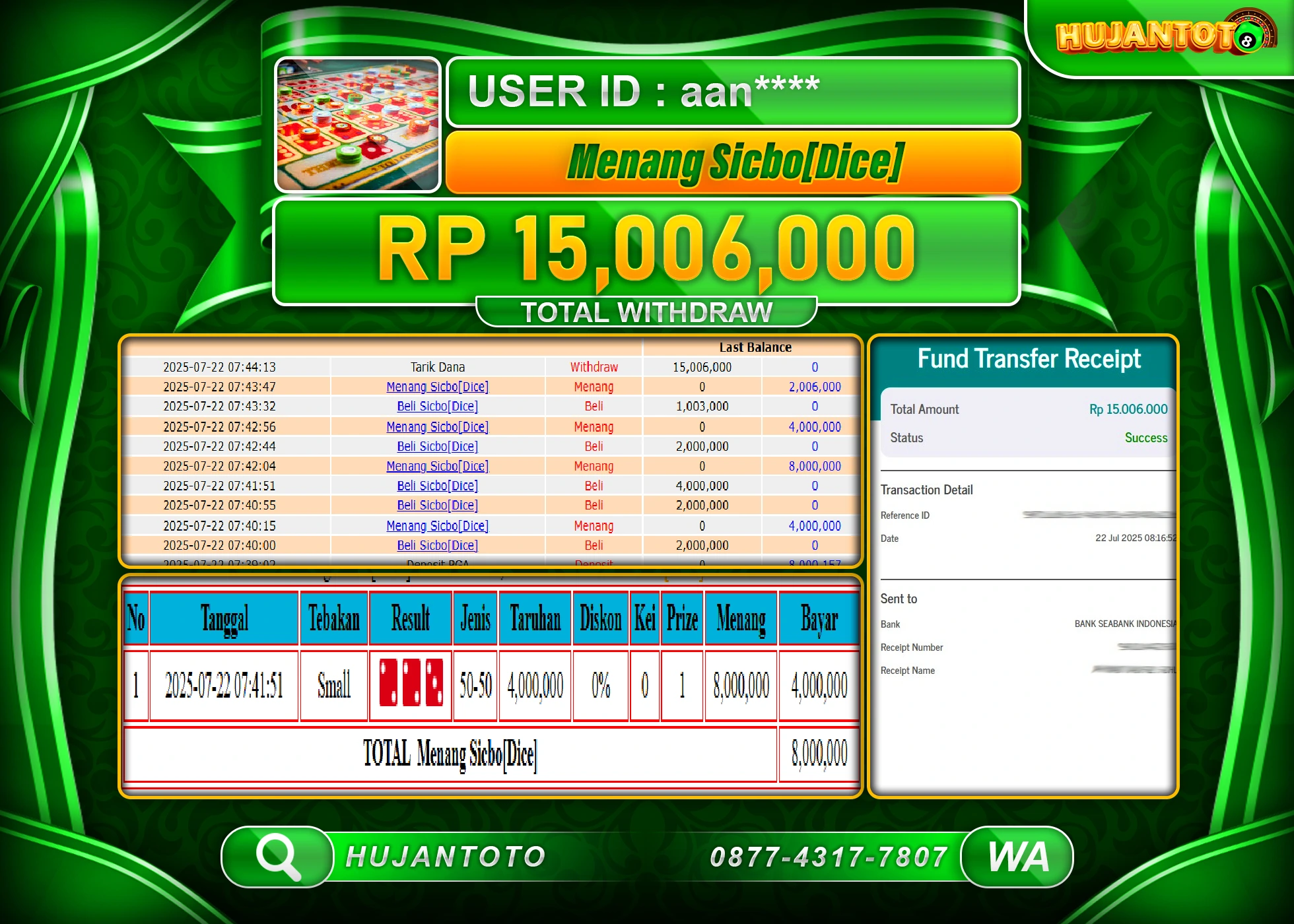HUJANTOTO - BUKTI JACKPOT MENANG LIVEGAMES SICBO DICE Rp.15,006,000 - TERBAYAR LUNAS