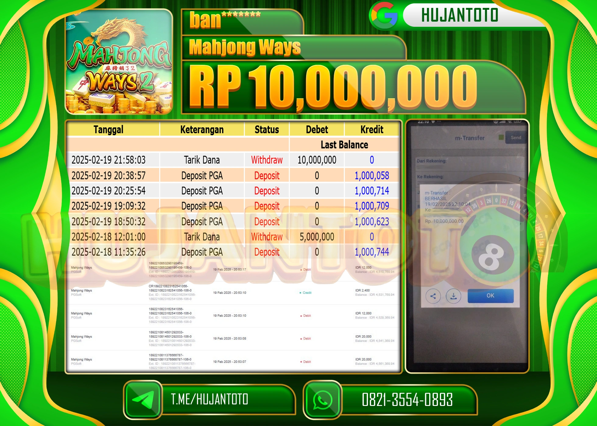 HUJANTOTO - BUKTI JACKPOT MENANG SLOT MAHJONG WAYS Rp,10.000,000 - TERBAYAR LUNAS