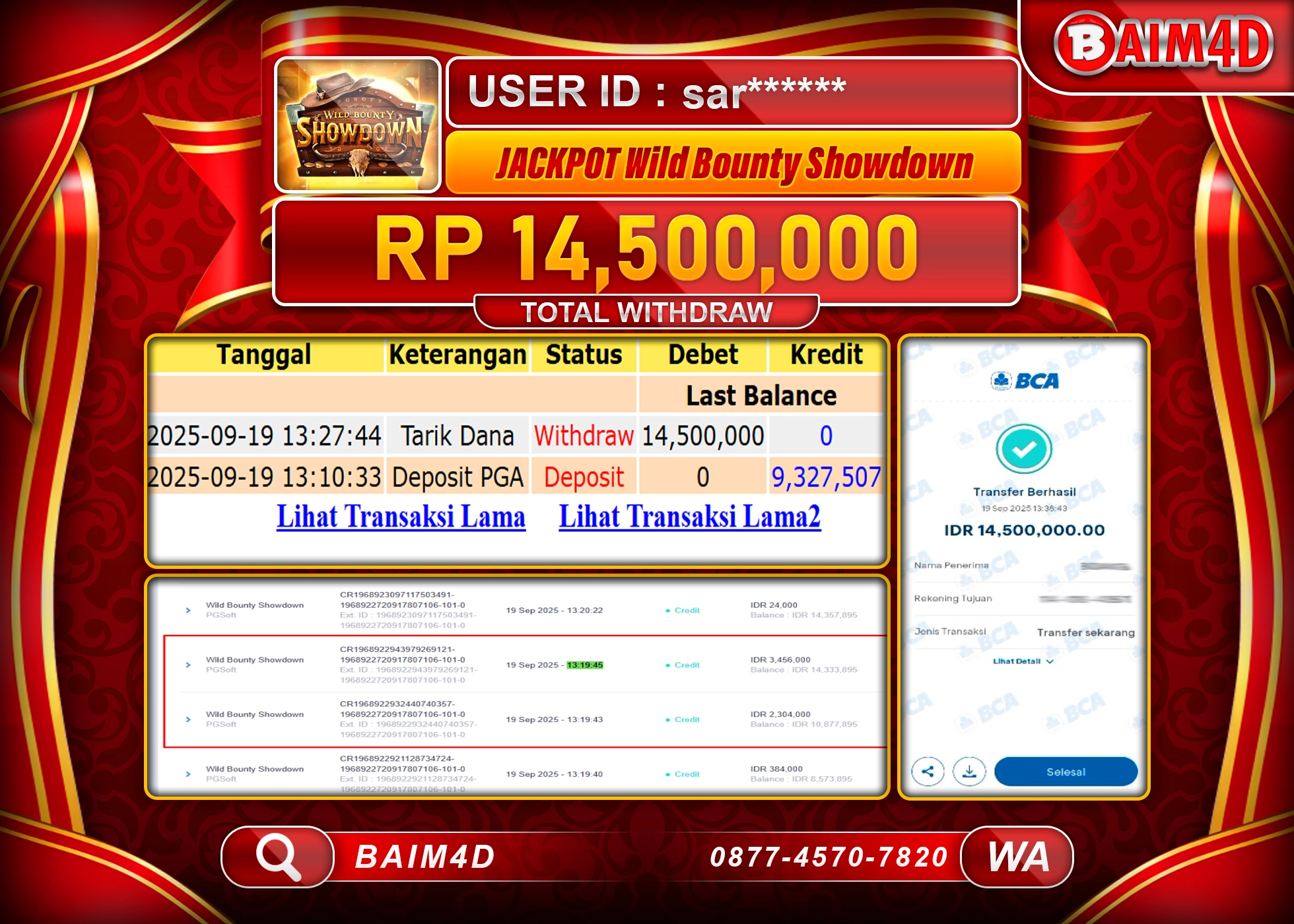 BAIM4D JACKPOT SLOT WILD BOUNTY SHOWDOWN Rp.14,500,000.- LUNAS