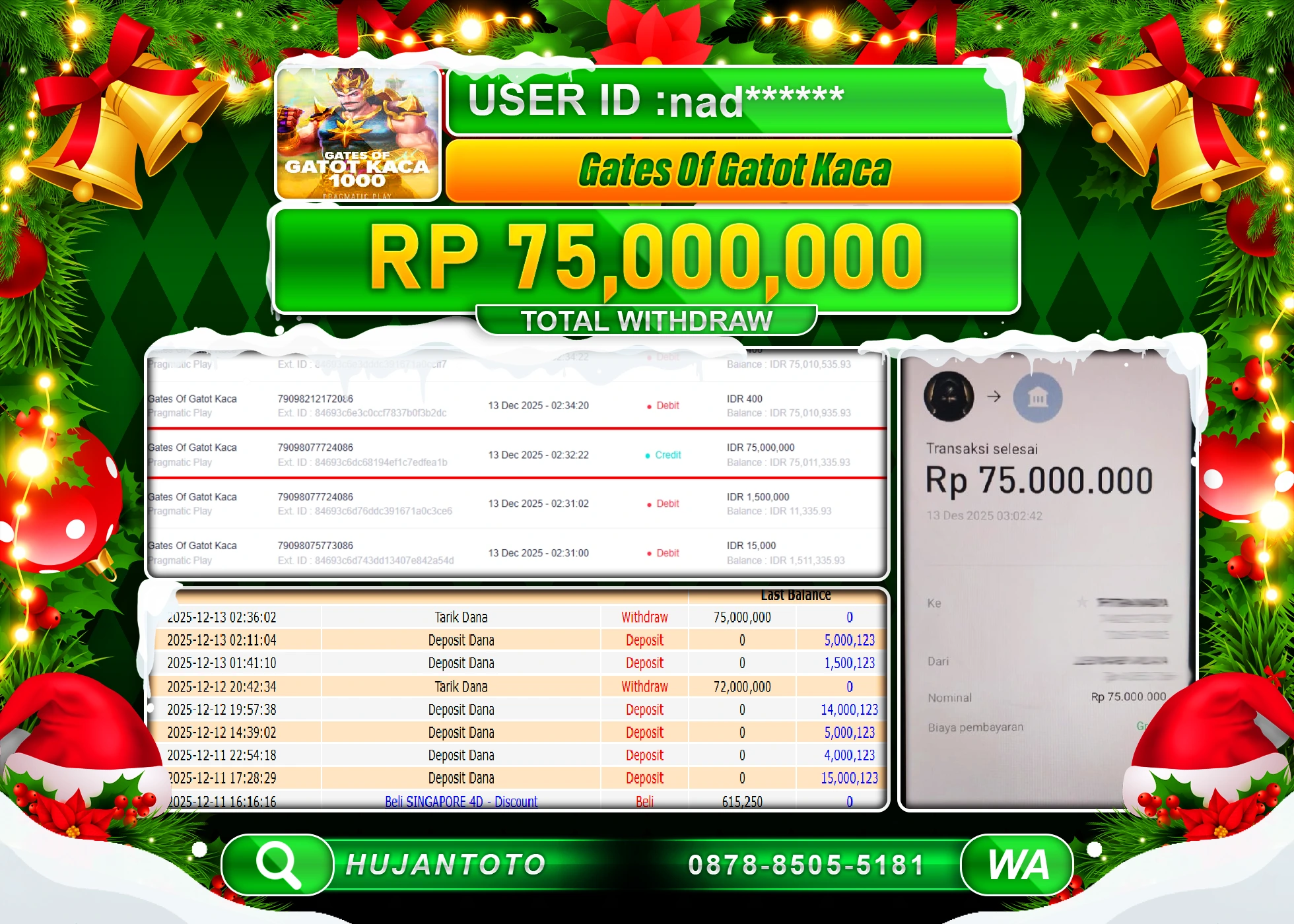 HUJANTOTO - BUKTI JACKPOT MENANG SLOT GATES OF GATOT KACA Rp.75,000,000 - TERBAYAR LUNAS