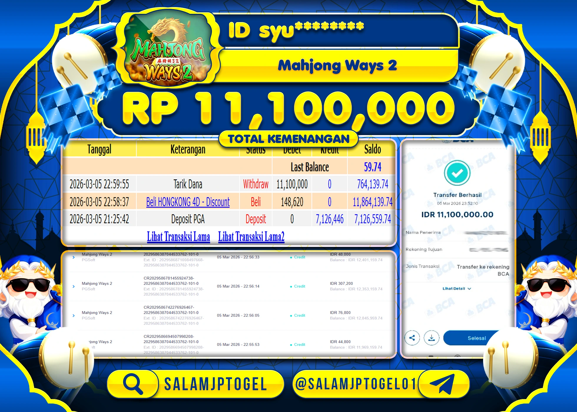 SALAMJPTOGEL JACKPOT Slot Mahjong Ways 2(PG Soft) Rp.11,100,000 - LUNAS