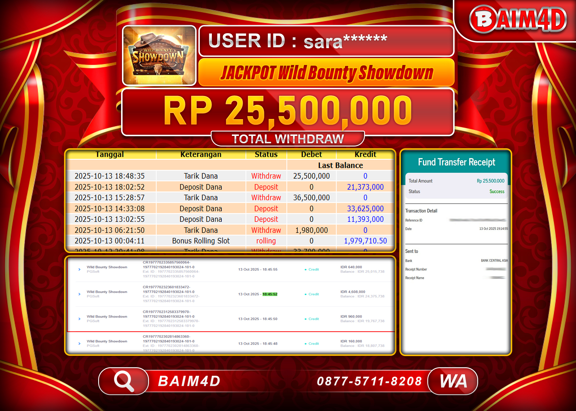 BAIM4D JACKPOT SLOT WILD BOUNTY SHOWDOWN Rp.25,500,000.- LUNAS