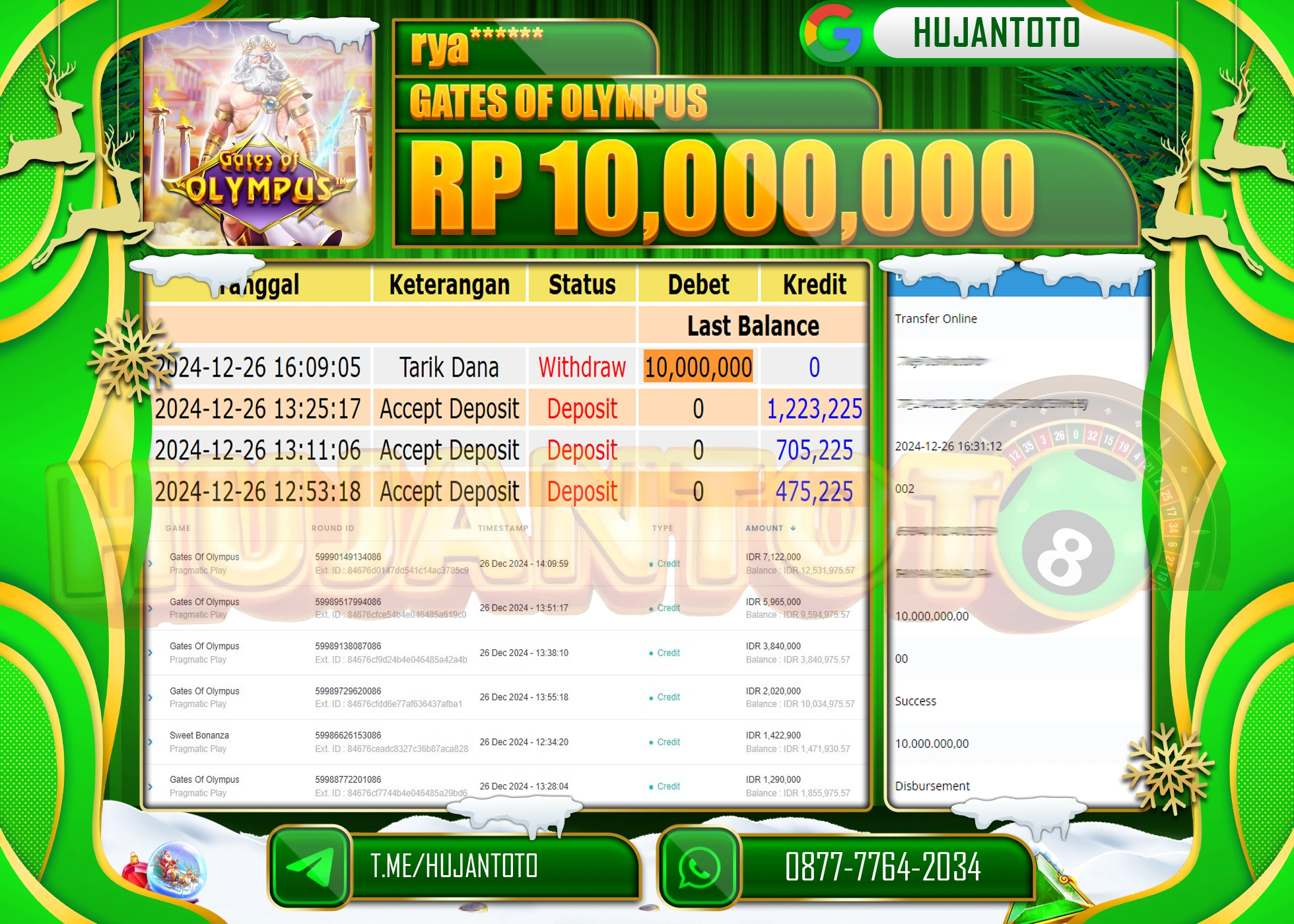 HUJANTOTO SELAMAT ATAS KEMENANGAN YANG DI RAIH DI PERMAINAN SLOT  GATES OF OLYMPYUS  SEBESAR- 10,000,000- TERBAYAR LUNAS