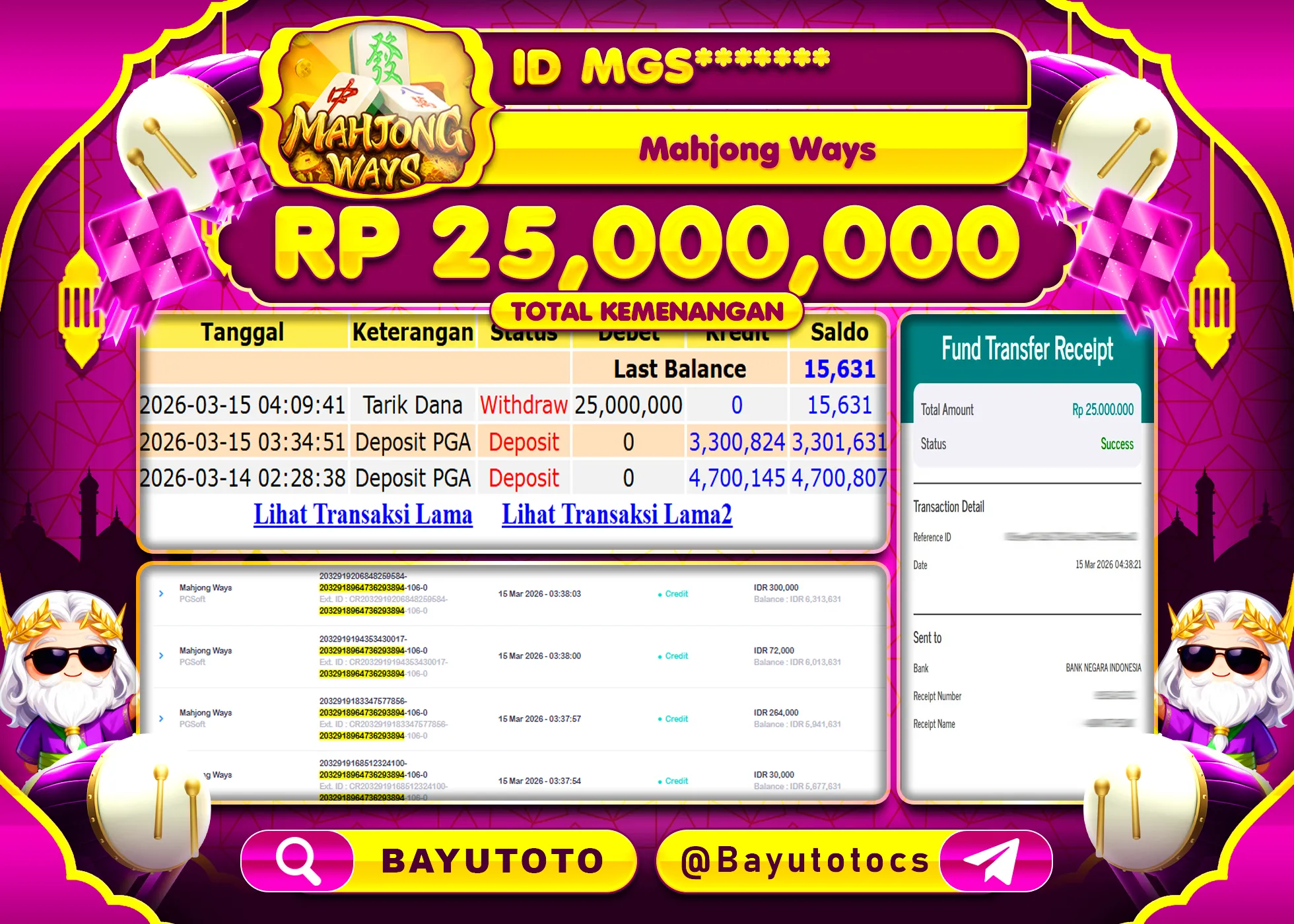 SELAMAT MEMBER SETIA BAYUTOTO JACKPOT DI SLOT MAHJONG WAYS (PGSOFT) Rp. 25,000,000 LUNAS
