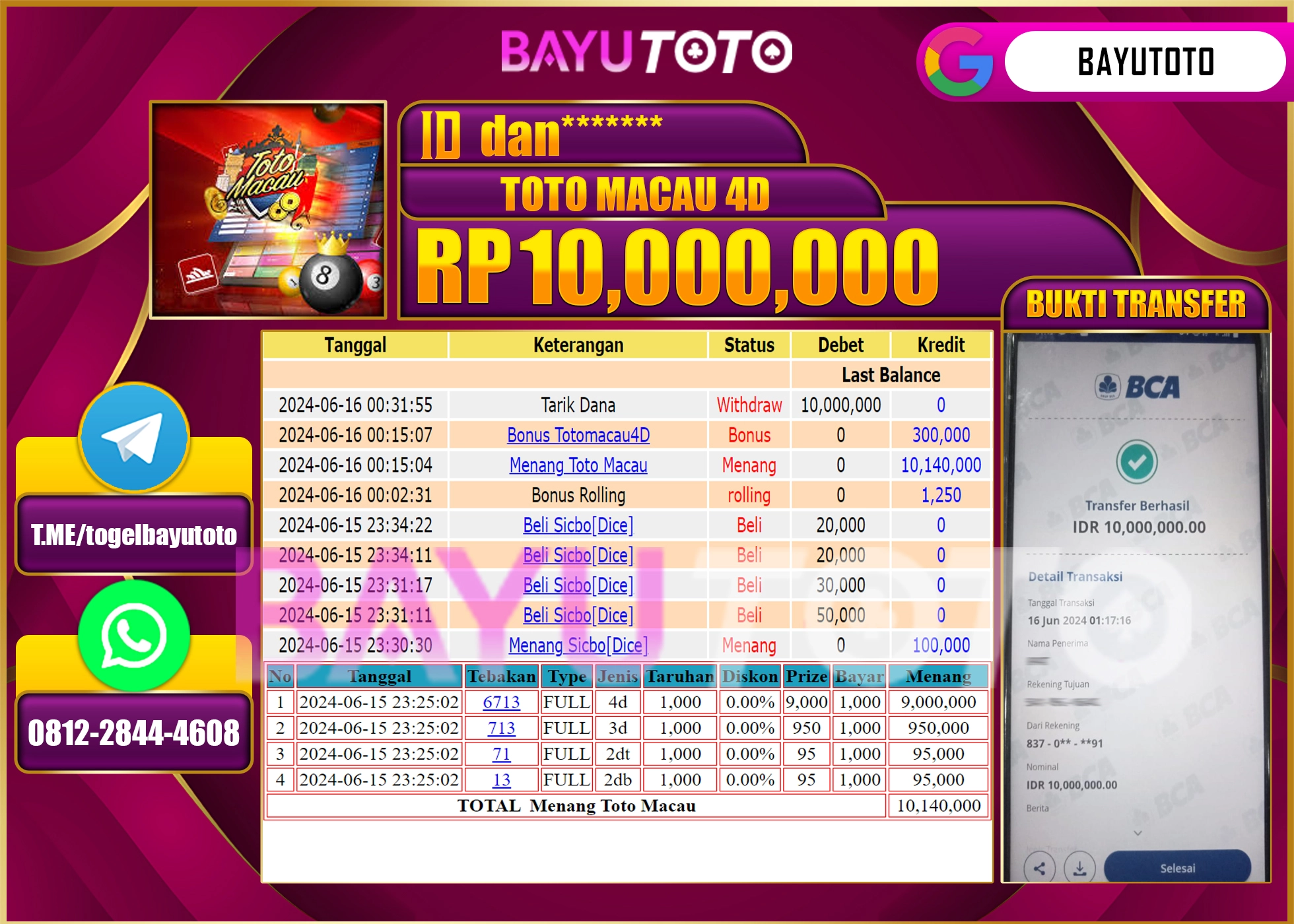 BAYUTOTO JACKPOT PASARAN TOGEL TOTOMACAU 4D Rp.10.000.000 LUNAS