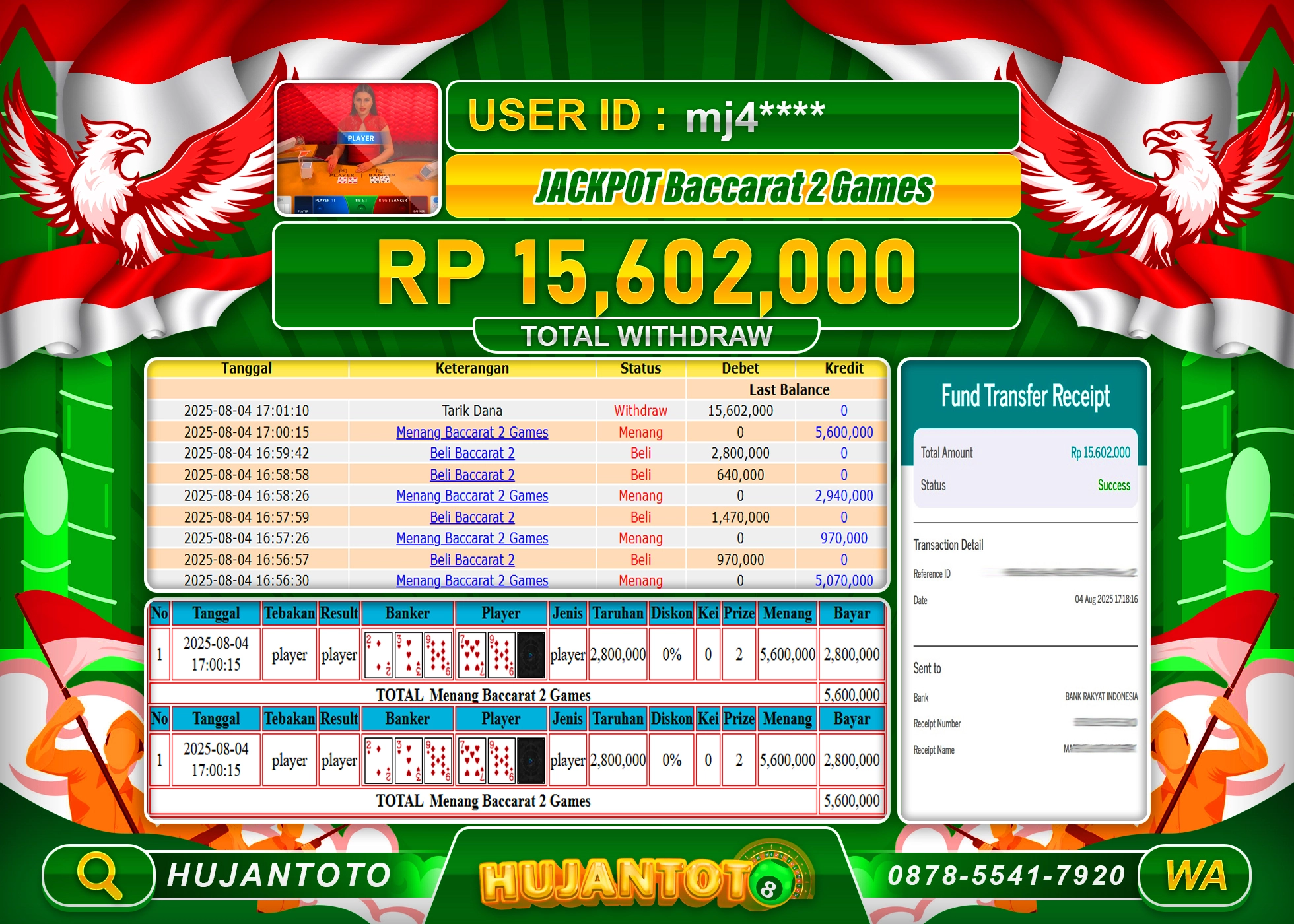 HUJANTOTO - BUKTI JACKPOT MENANG BACCARAT 2 GAMES Rp.15,602,000- TERBAYAR LUNAS