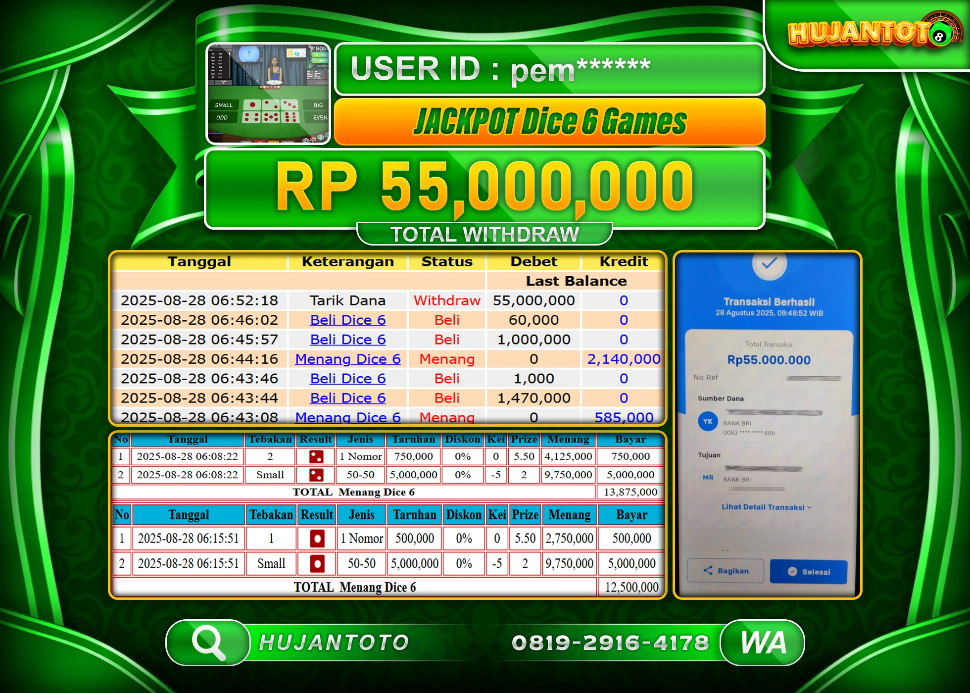 HUJANTOTO - BUKTI MENANG JACKPOT LIVEGAMES DICE 6 GAMES Rp.55,000,000 - TERBAYAR LUNAS