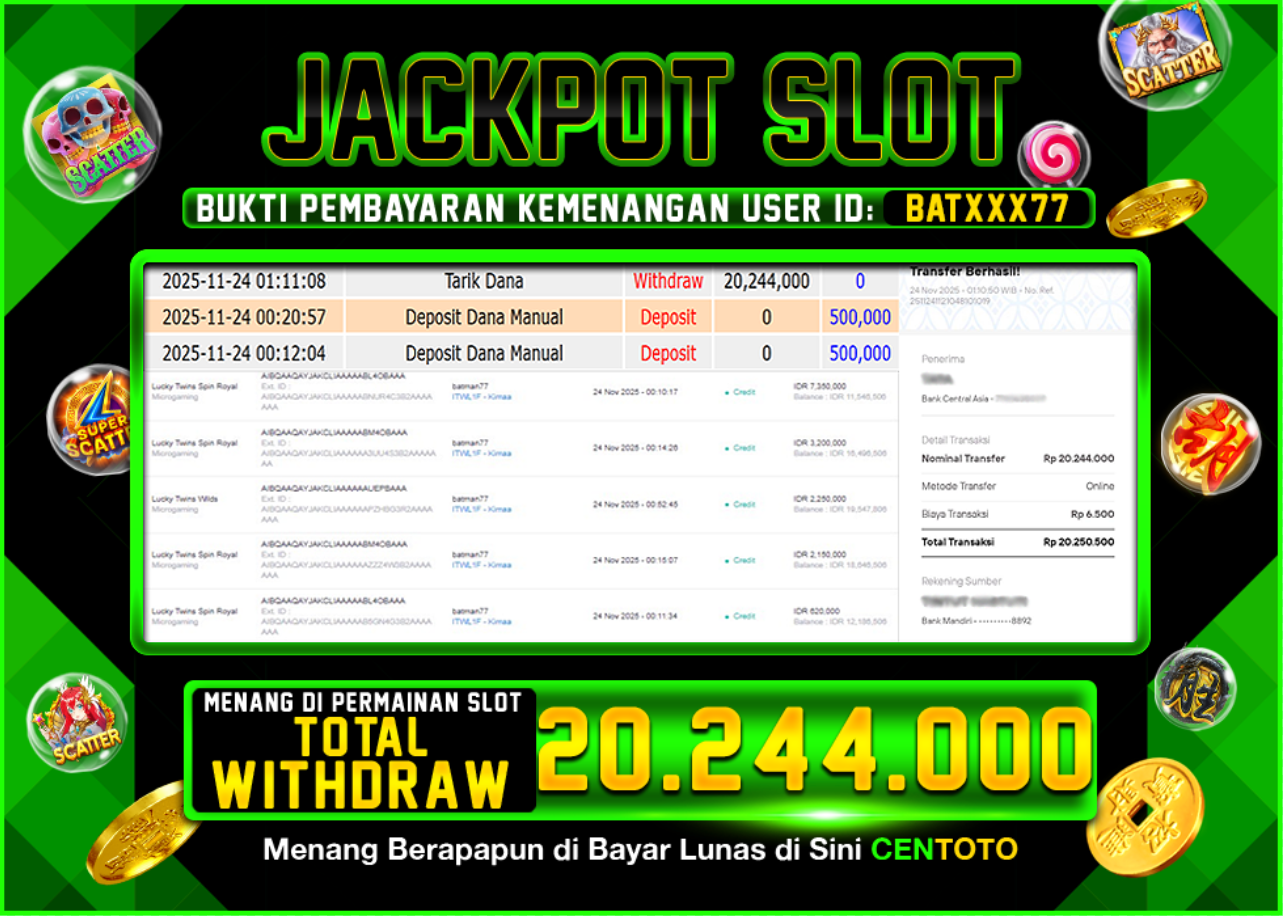 BUKTI JACKPOT SLOT CENTOTO  RP.20.244.000,-LUNAS