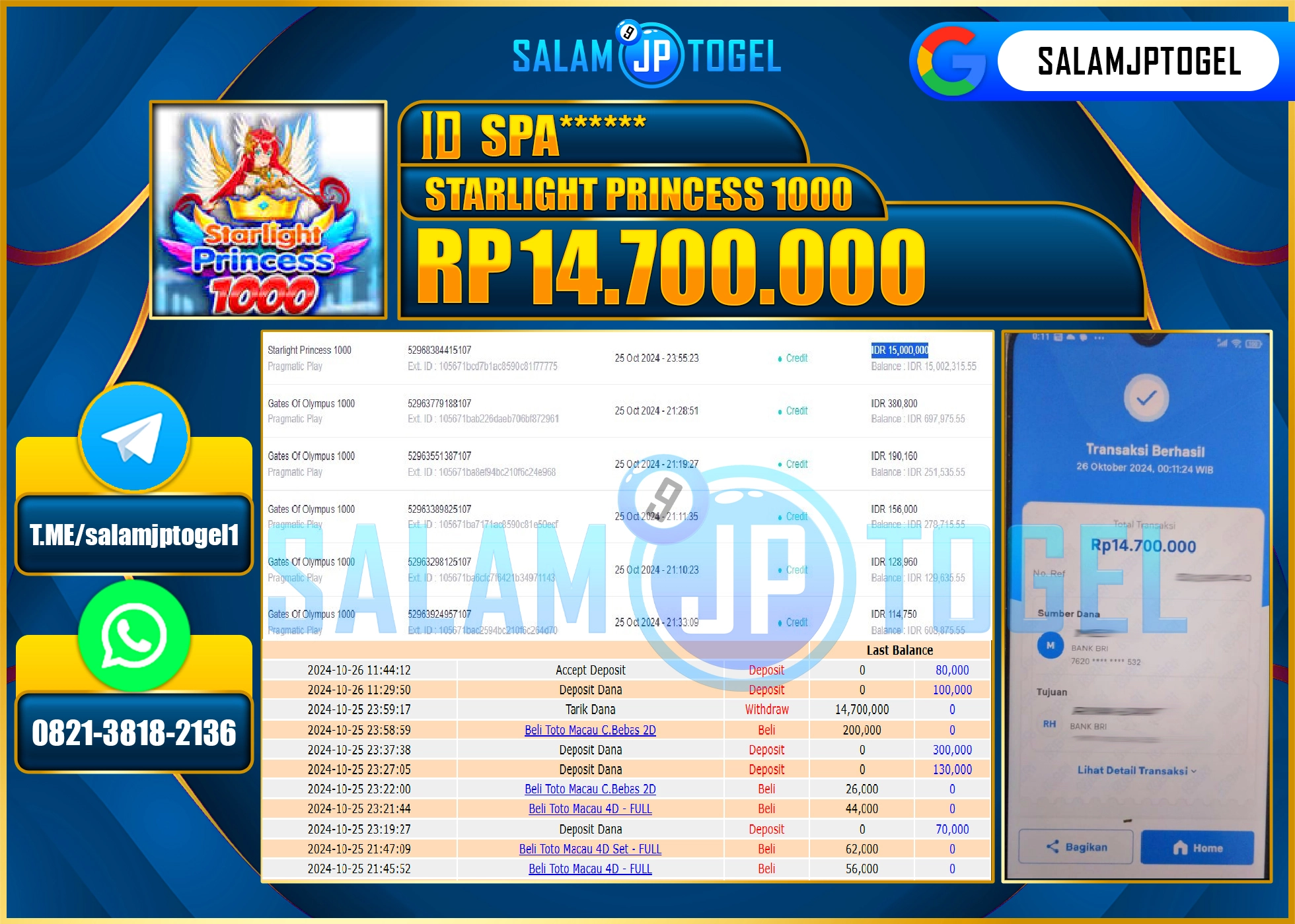 SALAMJPTOGEL MENANG STARLIGHT PRINCESS 1000 RP. 14,700,000 LUNAS