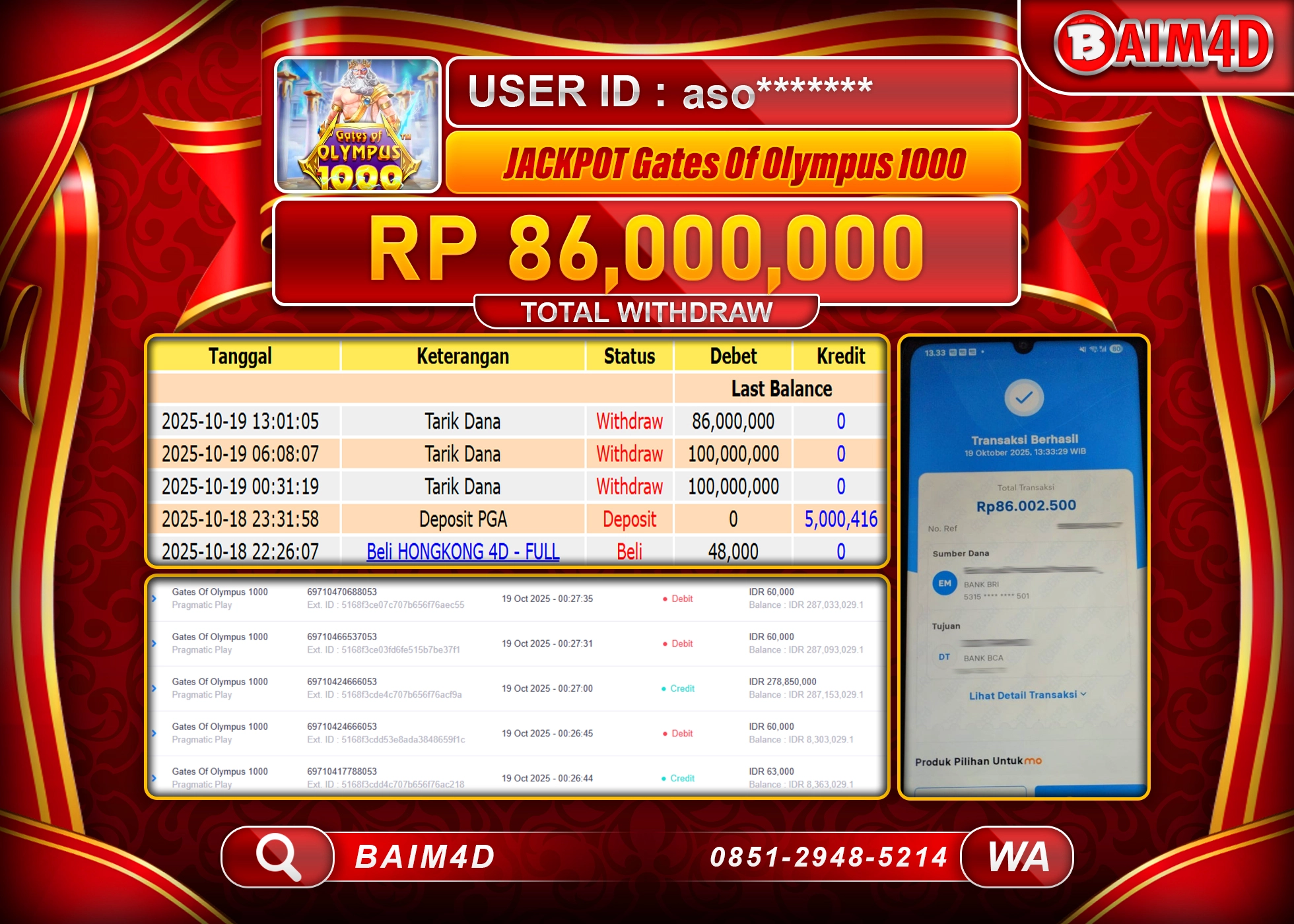 BAIM4D JACKPOT SLOT GATES OF OLYMPUS 1000 Rp.86,000,000.- LUNAS